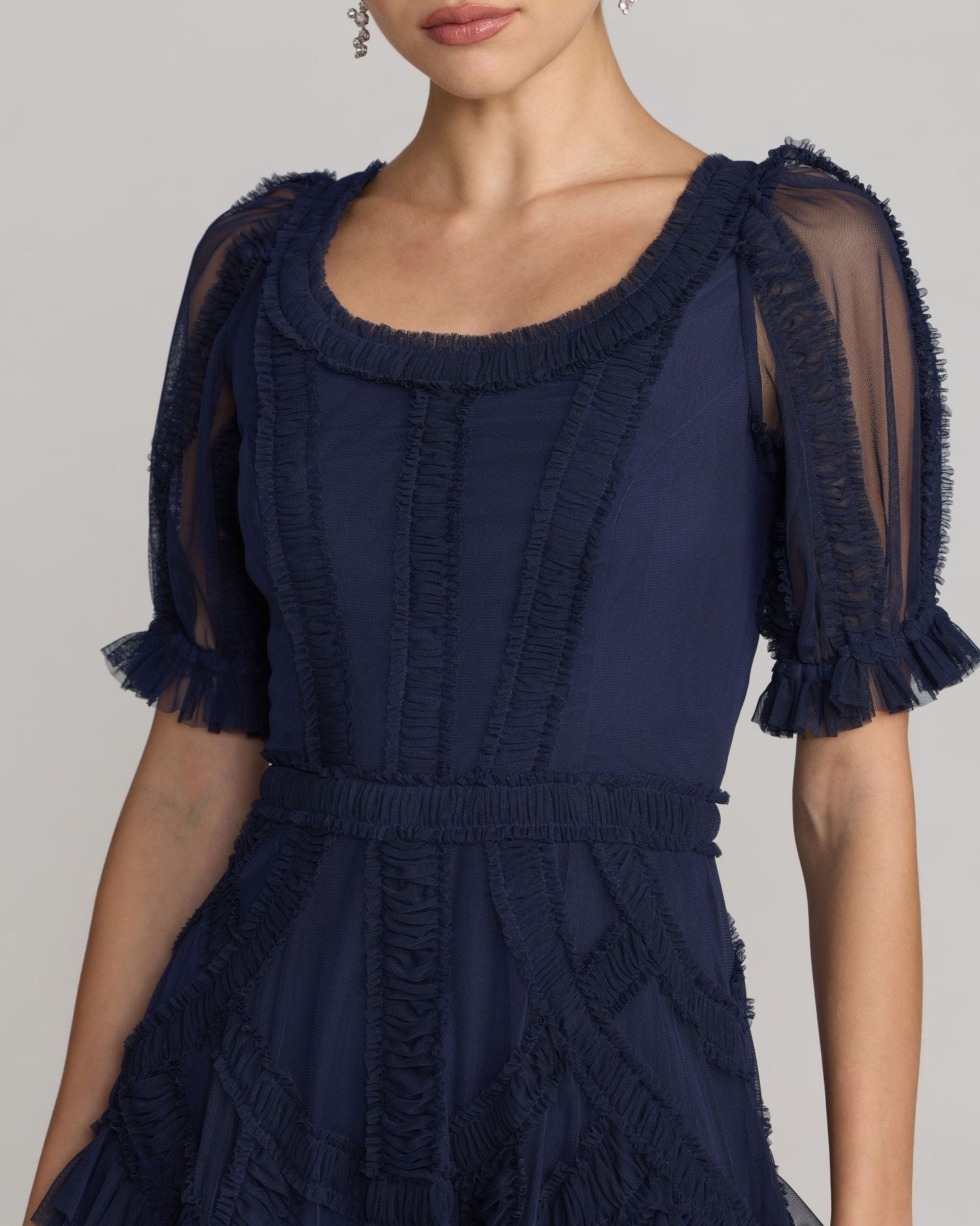 Navy Short Sleeve Micro Ruffle Midi Dress Mac Duggal