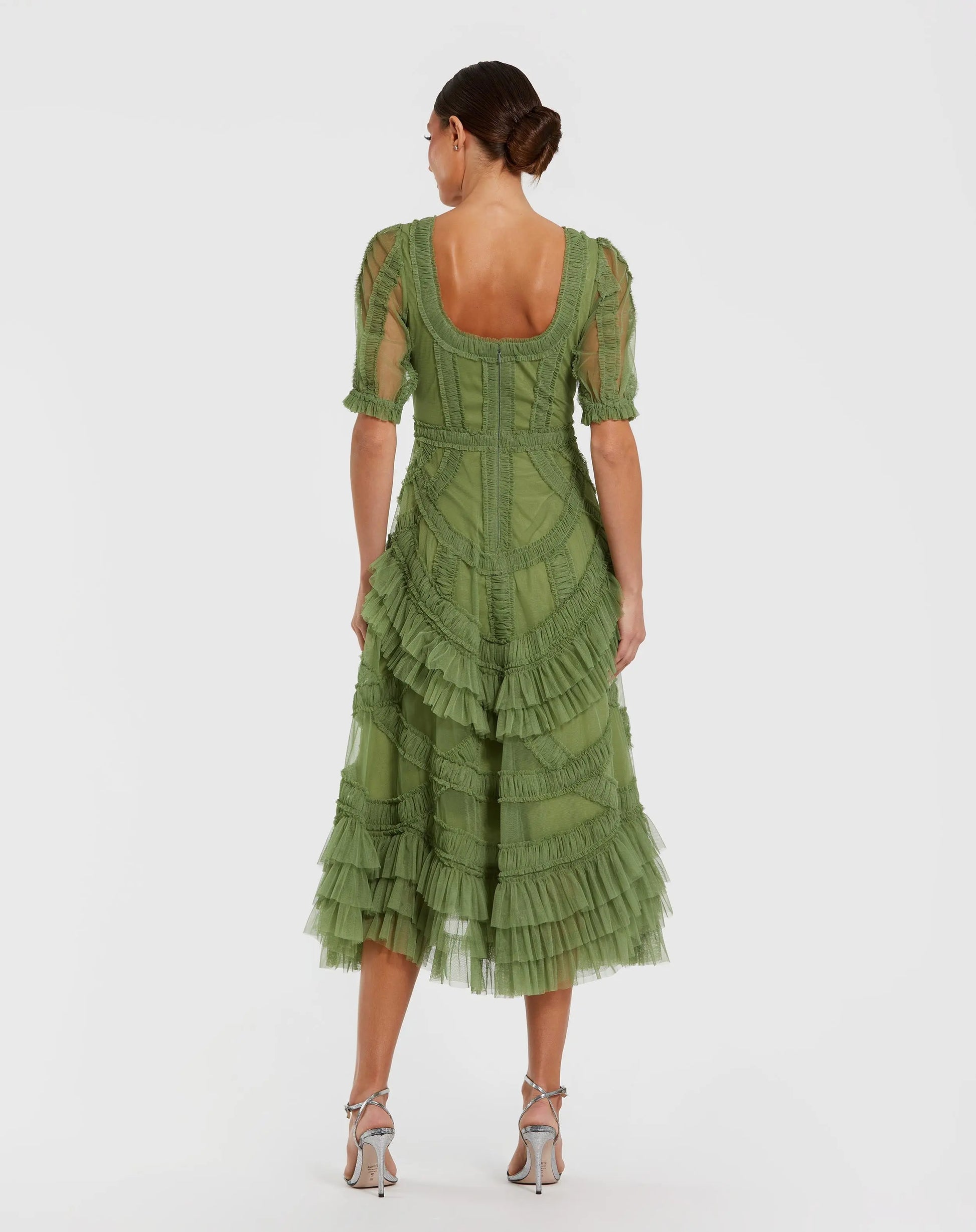 Green Short Sleeve Micro Ruffle Midi Dress - Mac Duggal