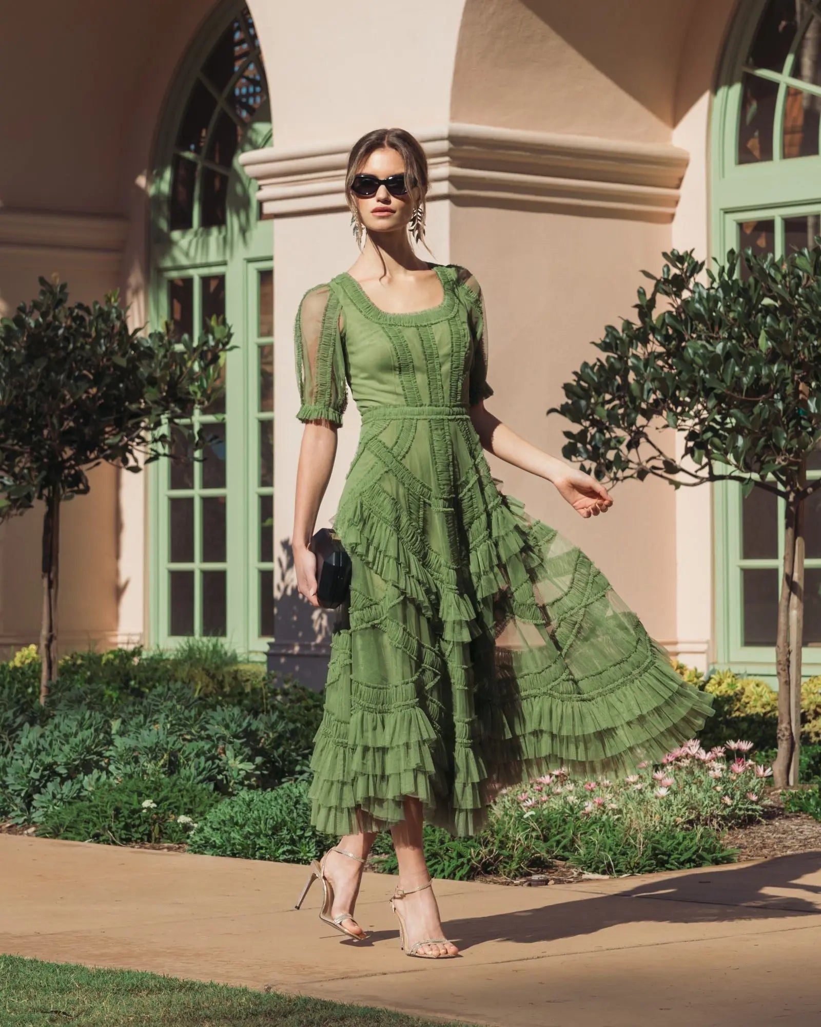 Green Short Sleeve Micro Ruffle Midi Dress | Mac Duggal Green Short Sleeve Micro Ruffle Midi Dress | Mac Duggal