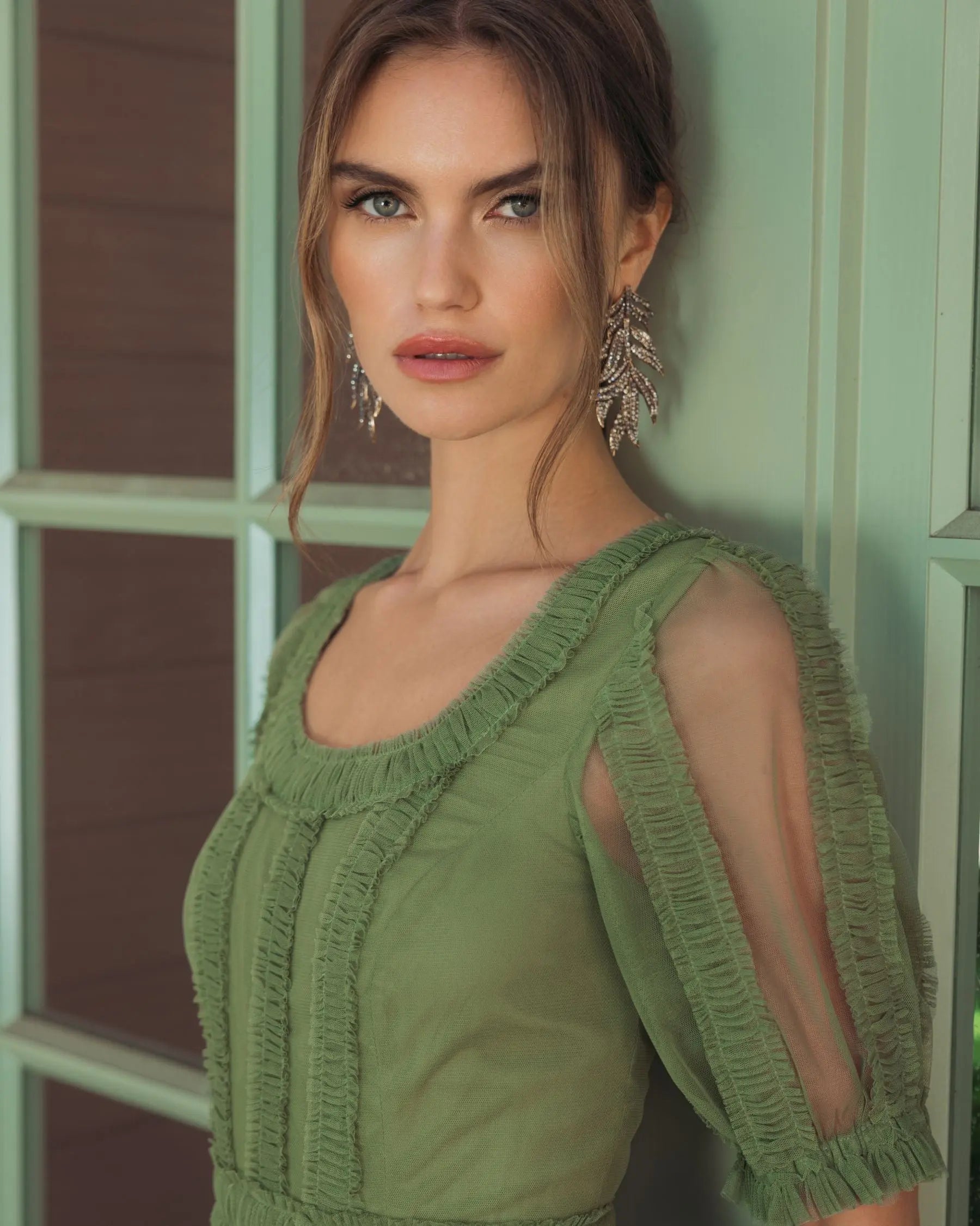Green Short Sleeve Micro Ruffle Midi Dress | Mac Duggal Green Short Sleeve Micro Ruffle Midi Dress | Mac Duggal