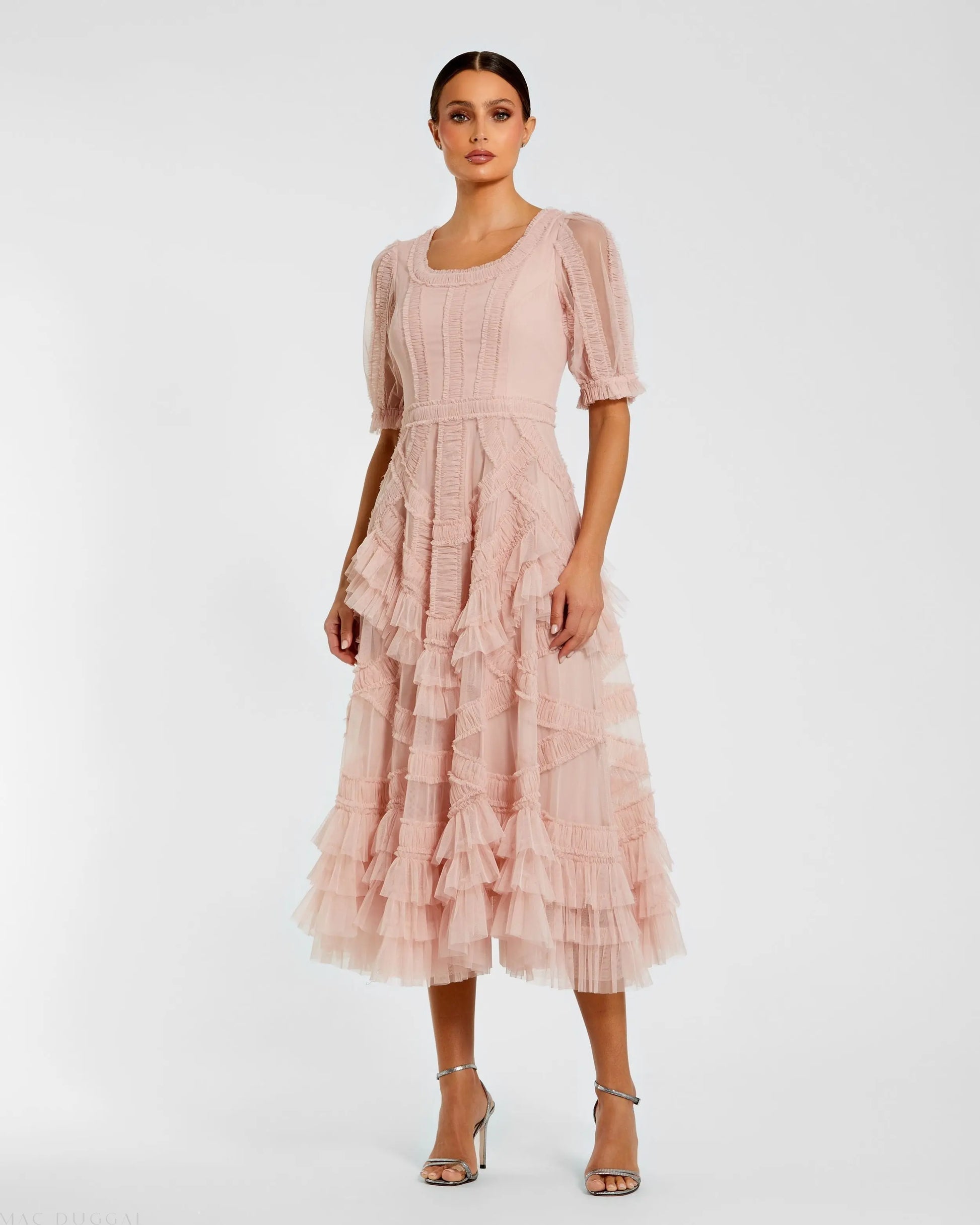 Pink Short Sleeve Micro Ruffle Midi Dress | Mac Duggal Pink Short Sleeve Micro Ruffle Midi Dress | Mac Duggal