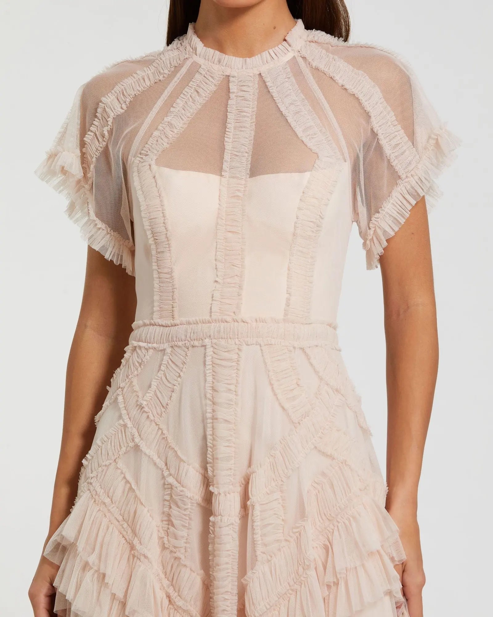 Pink Flutter Sleeve Micro Ruffle Midi Dress Mac Duggal