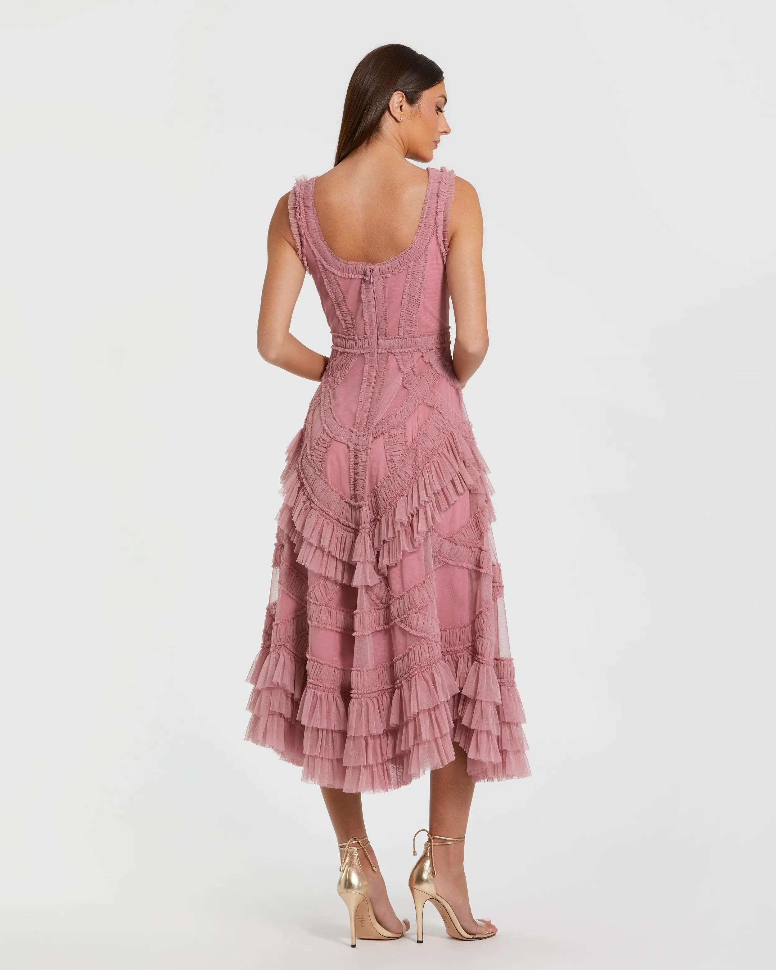 Pink Scoop Neck Sleeveless Micro Ruffle Midi Dress Mac Duggal