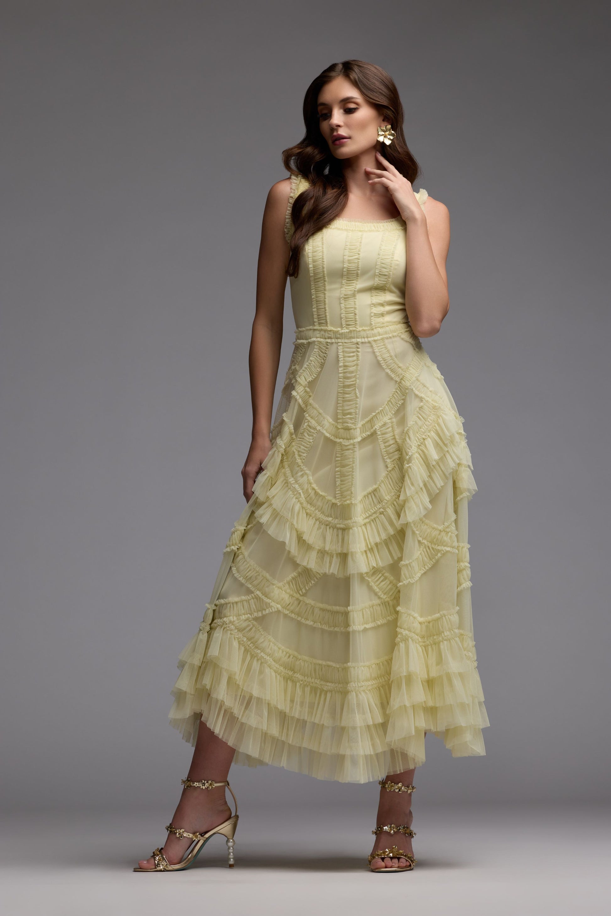 Yellow Scoop Neck Sleeveless Micro Ruffle Midi Dress Mac Duggal