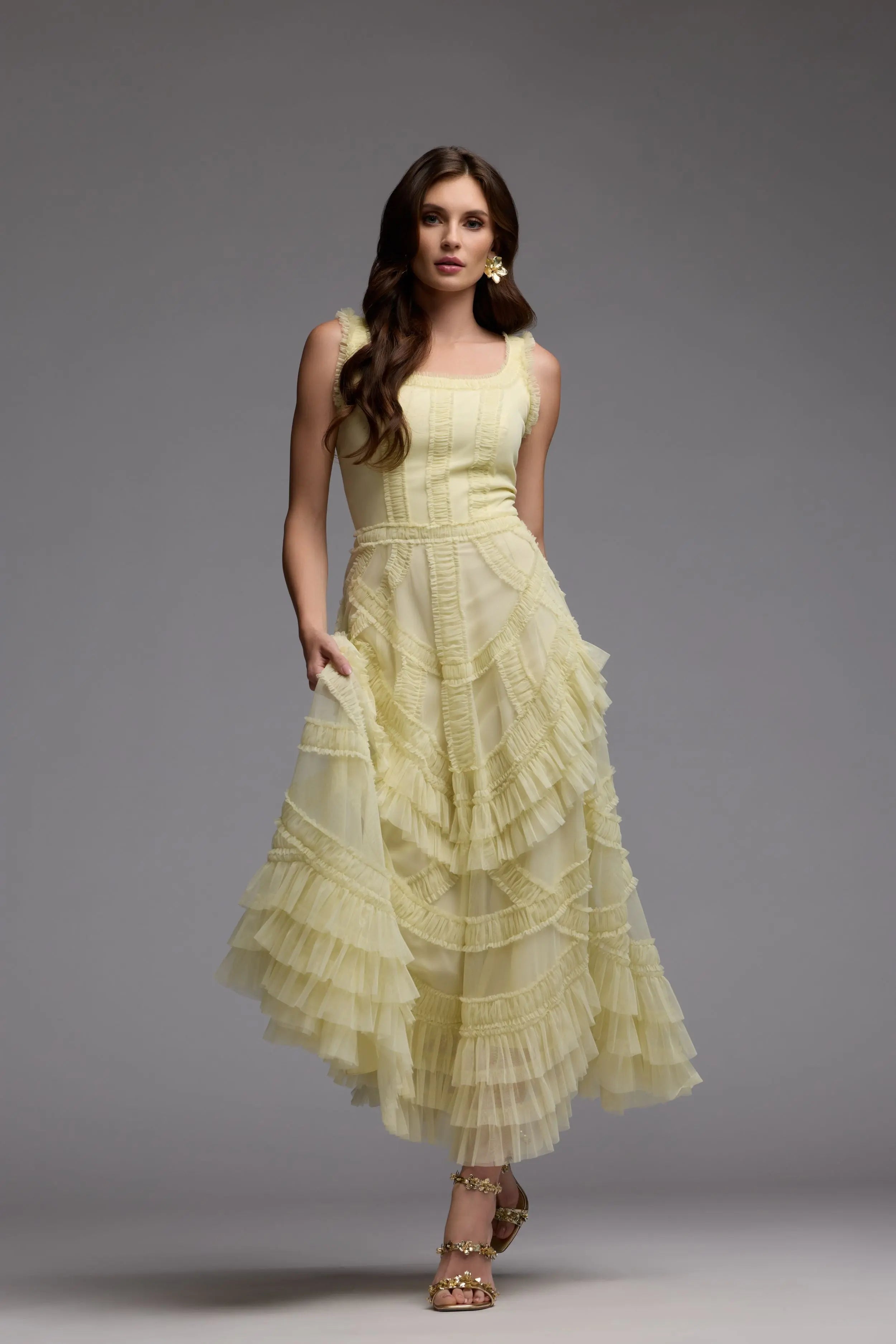 Yellow Scoop Neck Sleeveless Micro Ruffle Midi Dress Mac Duggal
