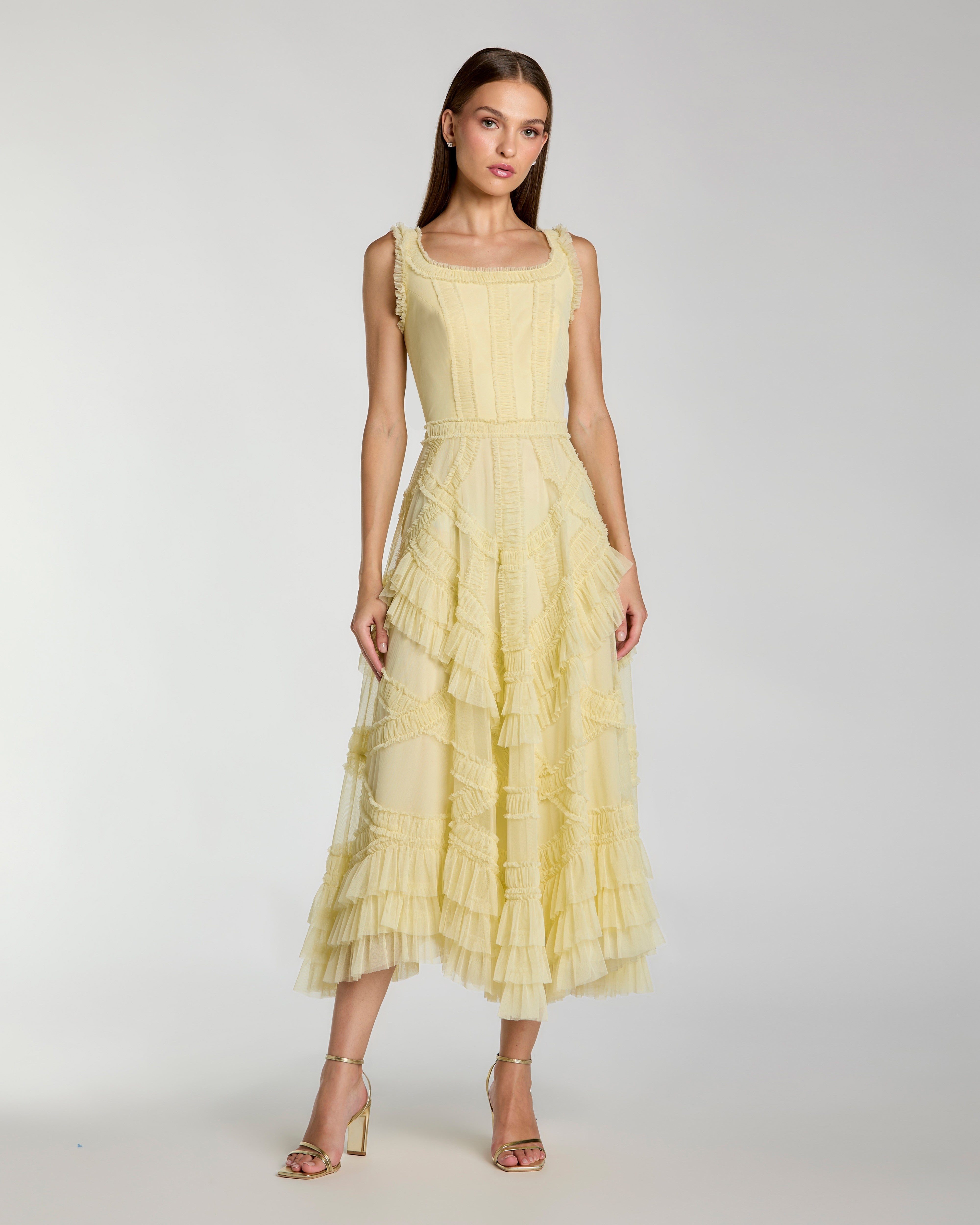 Yellow Scoop Neck Sleeveless Micro Ruffle Midi Dress Mac Duggal