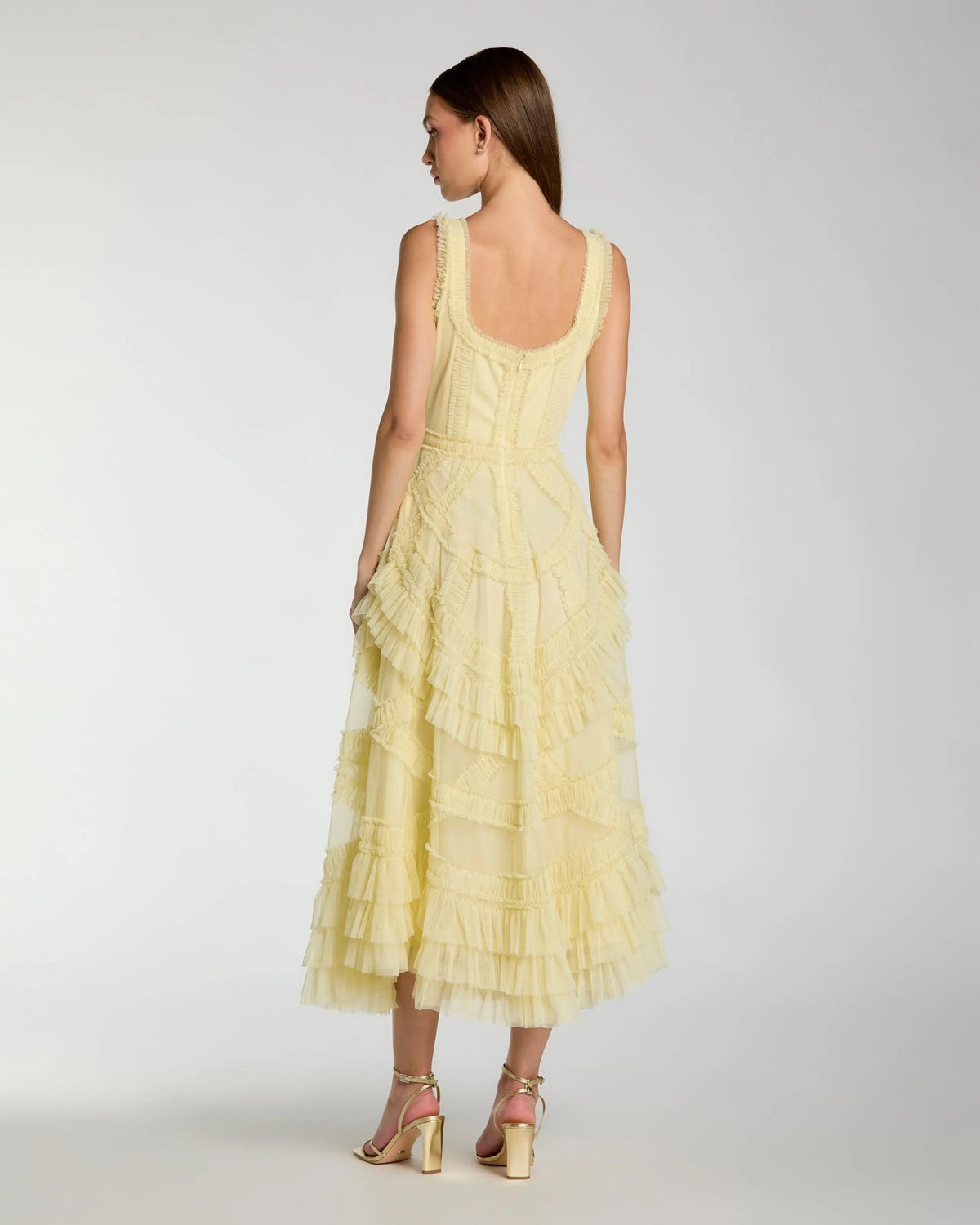 Yellow Scoop Neck Sleeveless Micro Ruffle Midi Dress | Mac Duggal