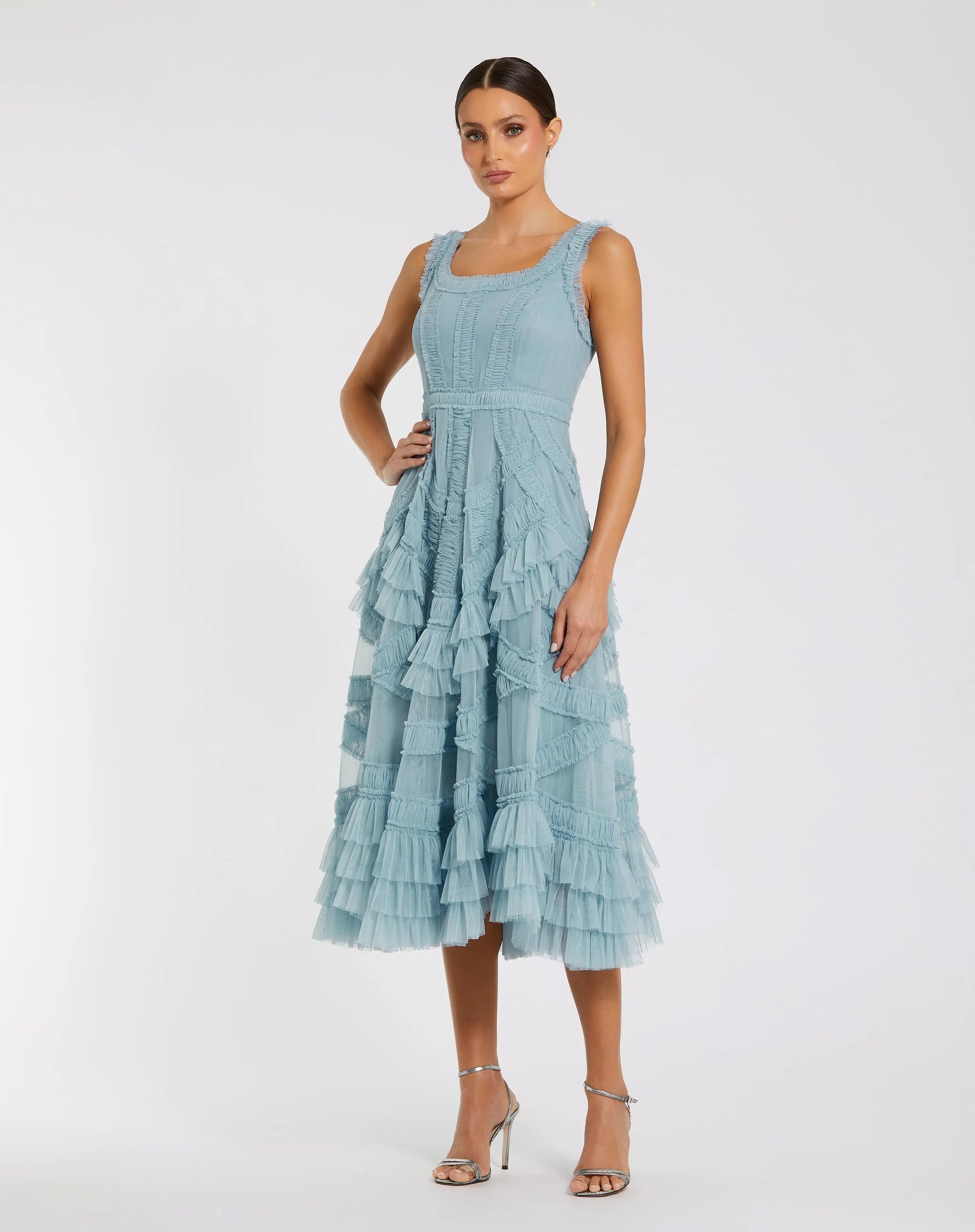 Blue Scoop Neck Sleeveless A-Line Ruffle Midi Dress | Mac Duggal Blue Scoop Neck Sleeveless A-Line Ruffle Midi Dress | Mac Duggal