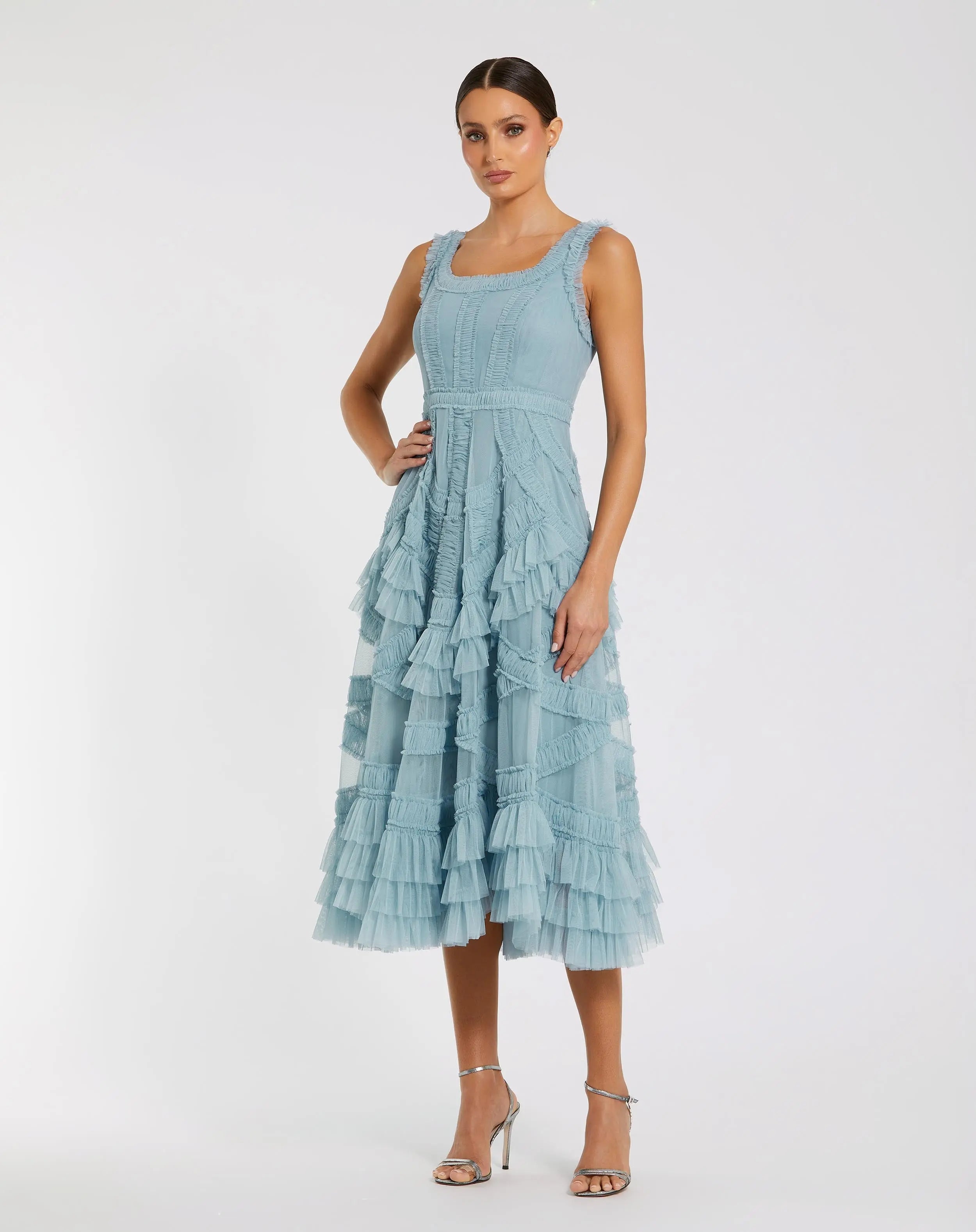 Blue Scoop Neck Sleeveless A-Line Ruffle Midi Dress - Mac Duggal