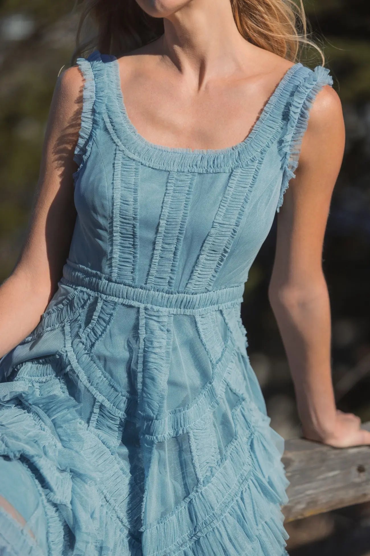 Blue Scoop Neck Sleeveless A-Line Ruffle Midi Dress - Mac Duggal