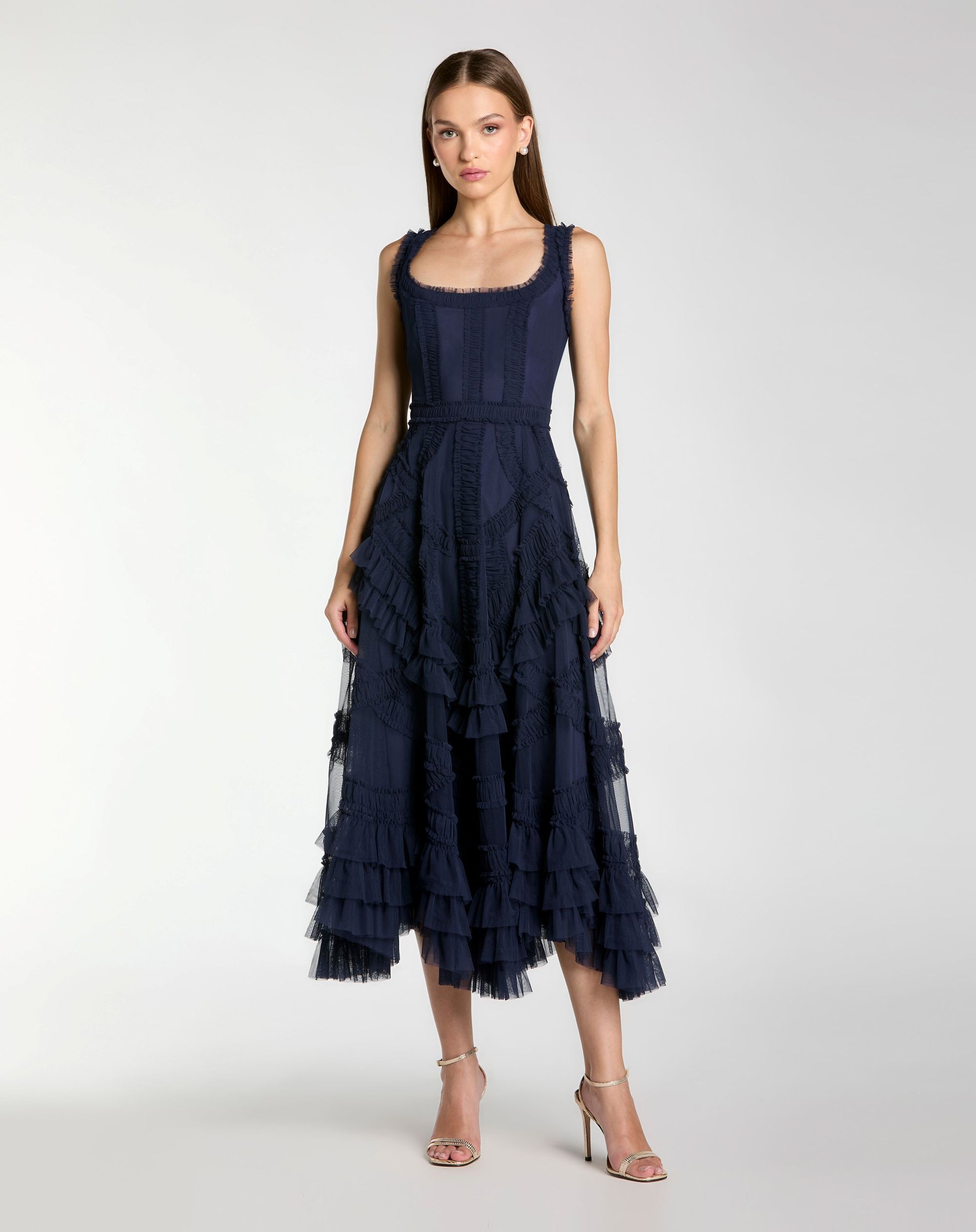 Navy Scoop Neck Sleeveless Micro Ruffle Midi Dress - Mac Duggal