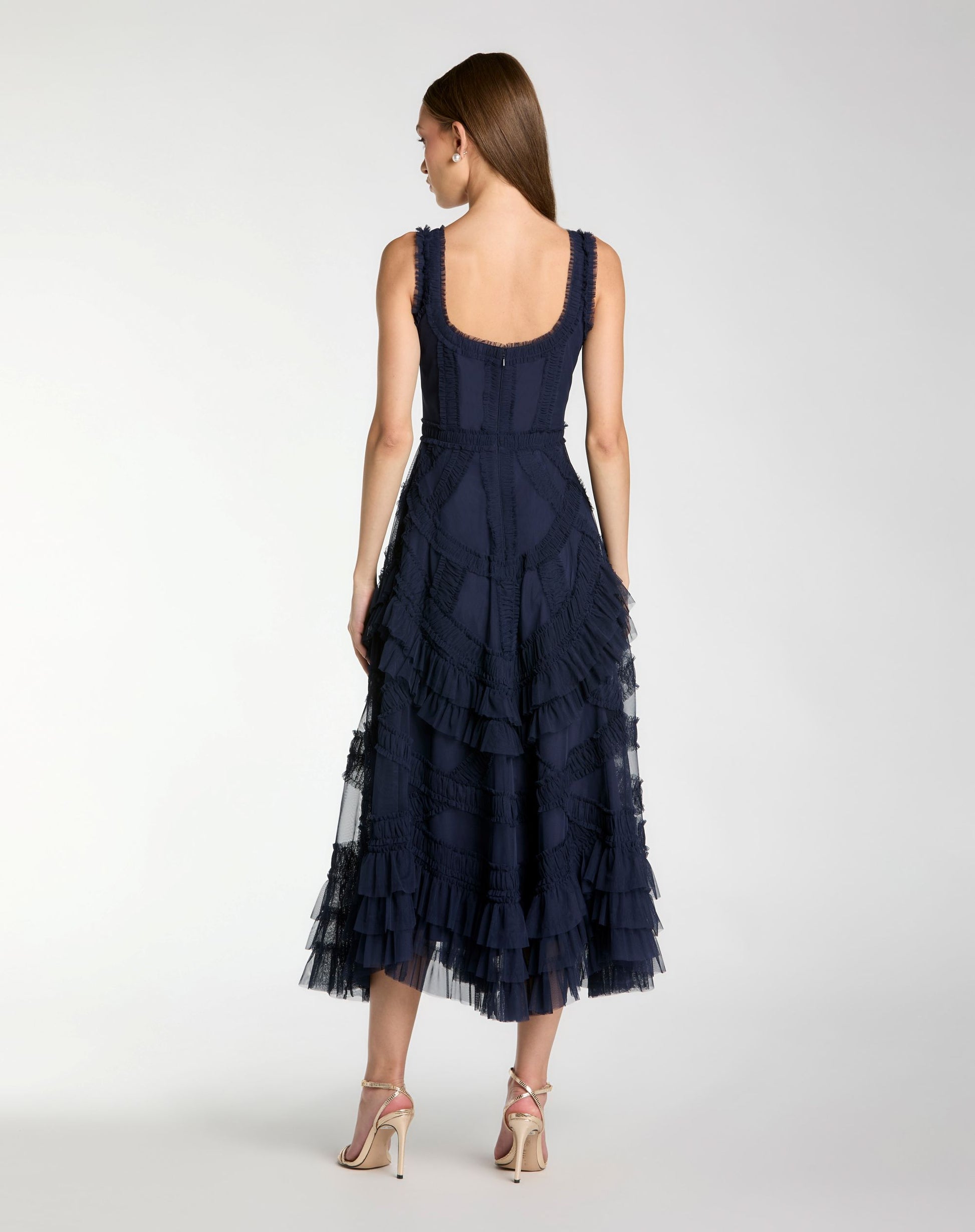 Navy Scoop Neck Sleeveless Micro Ruffle Midi Dress - Mac Duggal