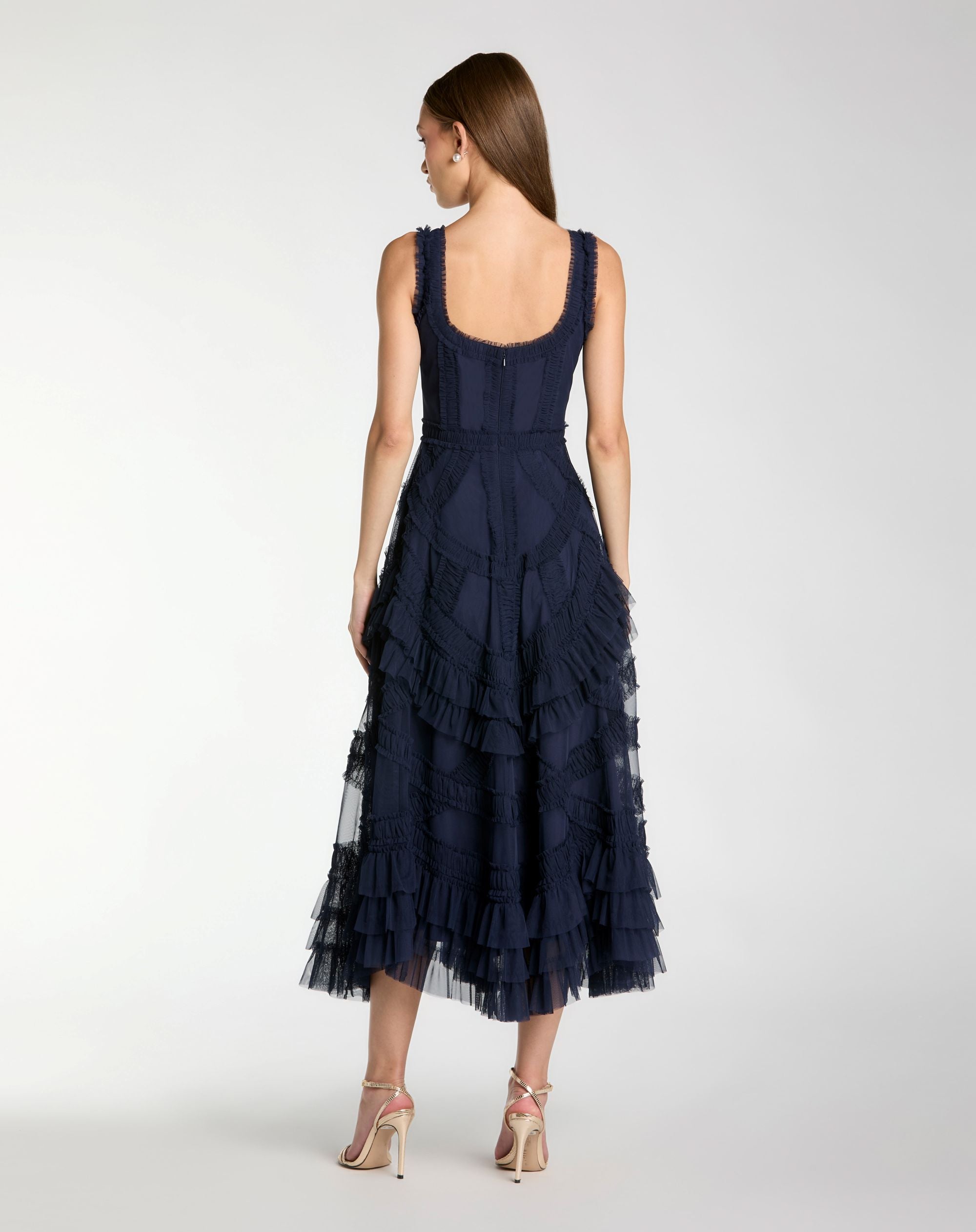 Navy Scoop Neck Sleeveless Micro Ruffle Midi Dress - Mac Duggal