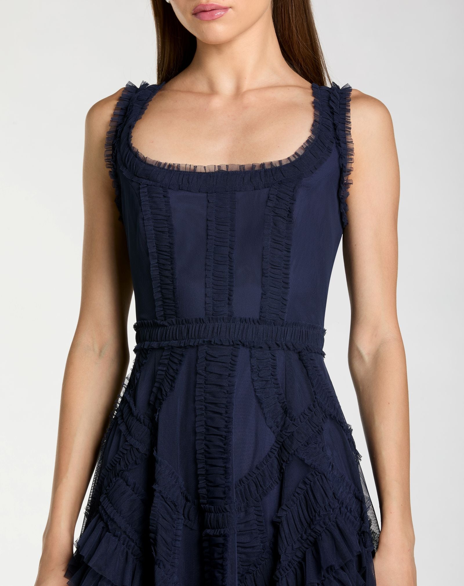 Navy Scoop Neck Sleeveless Micro Ruffle Midi Dress - Mac Duggal