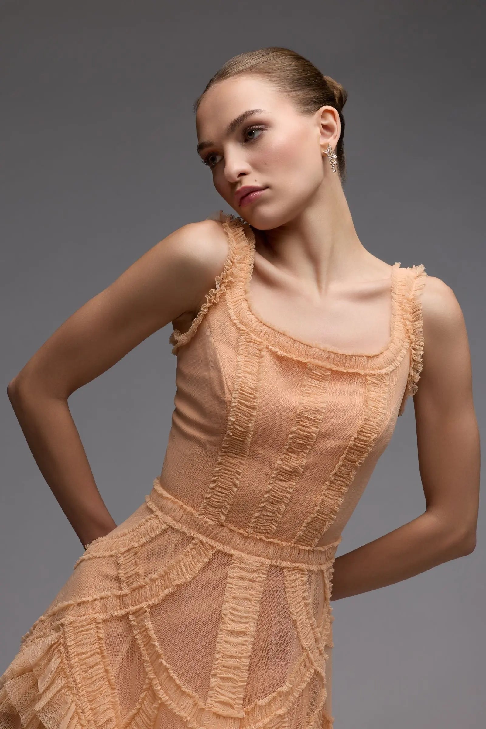 Orange Scoop Neck Sleeveless Micro Ruffle Midi Dress