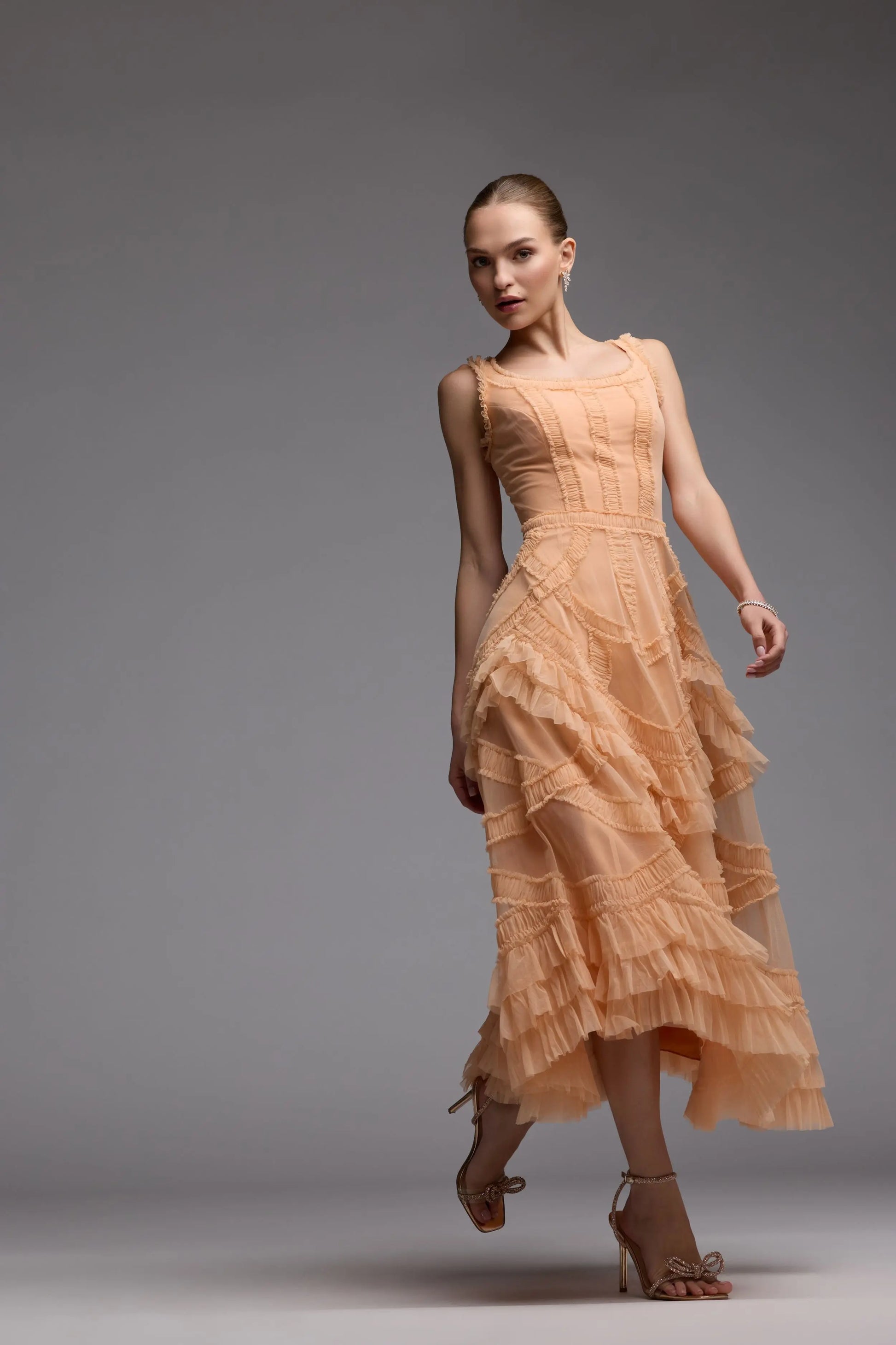 orange ruffle midi dress Orange Micro Ruffle Strapless Midi Dress