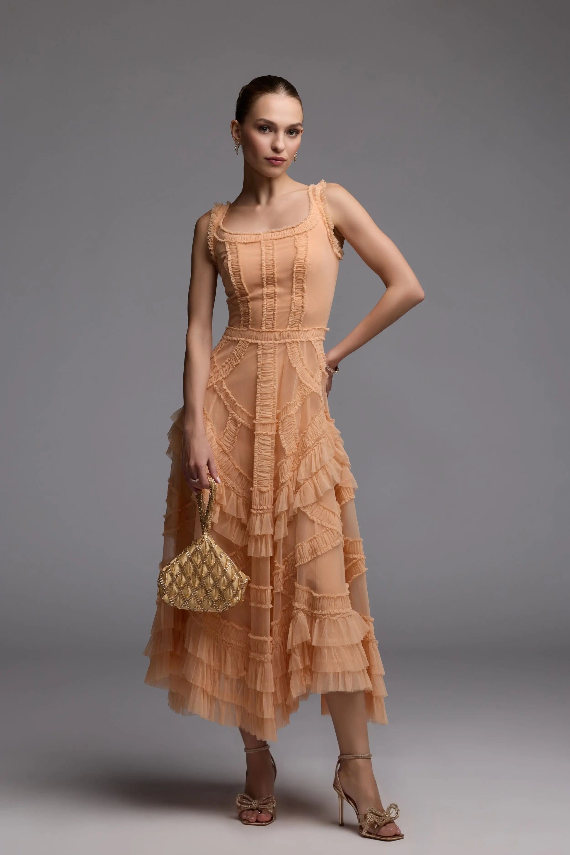 brown ruffle midi dress Brown Metallic Chiffon Ruffle V-Neck Midi Dress