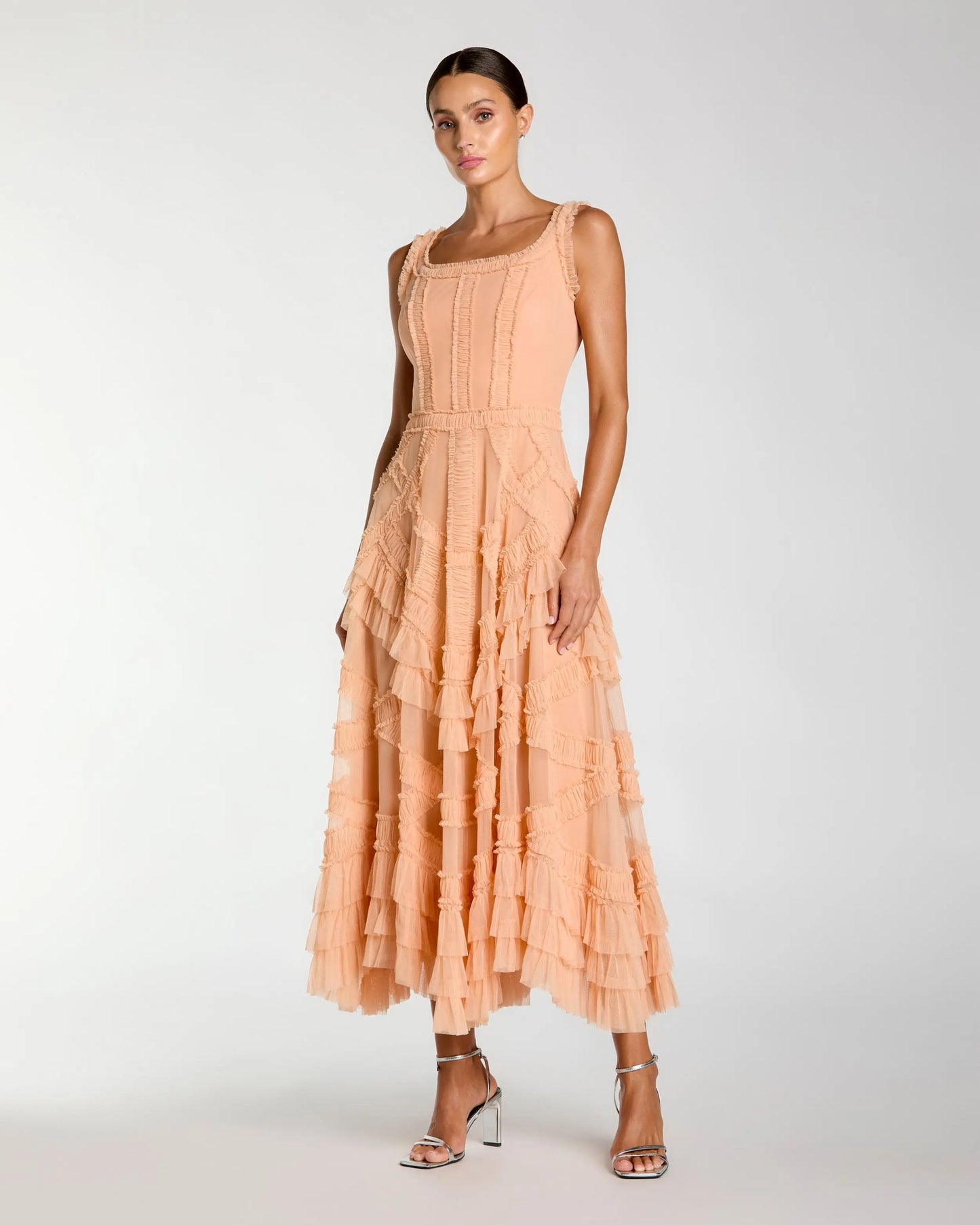 Scoop Neck Sleeveless A-Line Ruffle Midi Dress | Mac Duggal Scoop Neck Sleeveless A-Line Ruffle Midi Dress | Mac Duggal