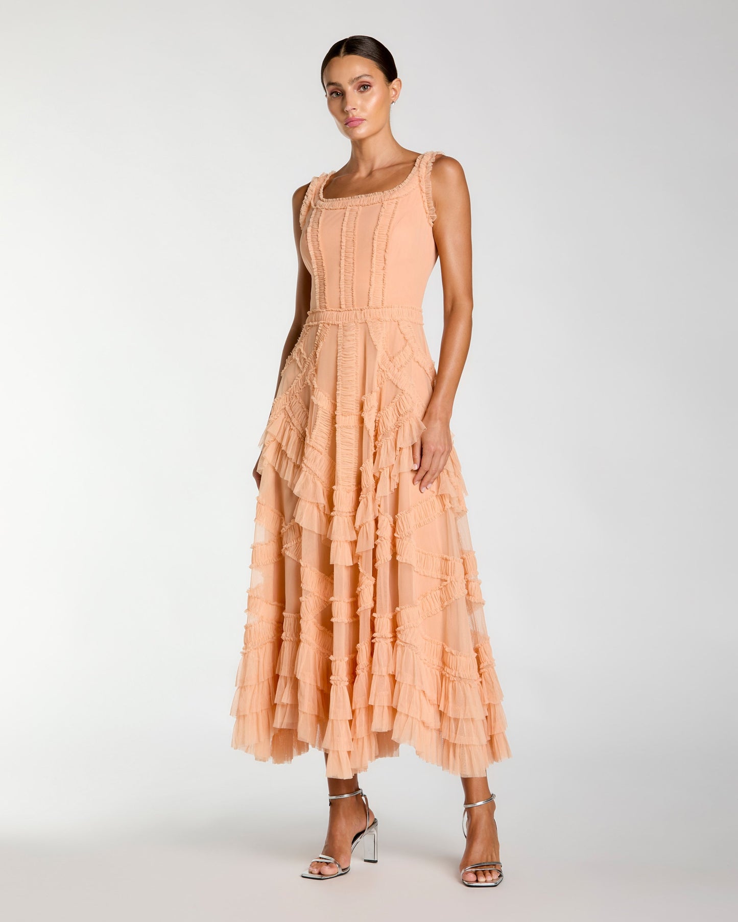 Orange Scoop Neck Sleeveless Micro Ruffle Midi Dress Mac Duggal