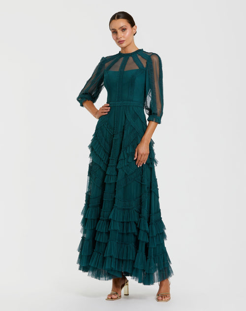  Teal High Neck Micro Ruffle Dress with 3/4 Puff Sleeves - Mac Duggal