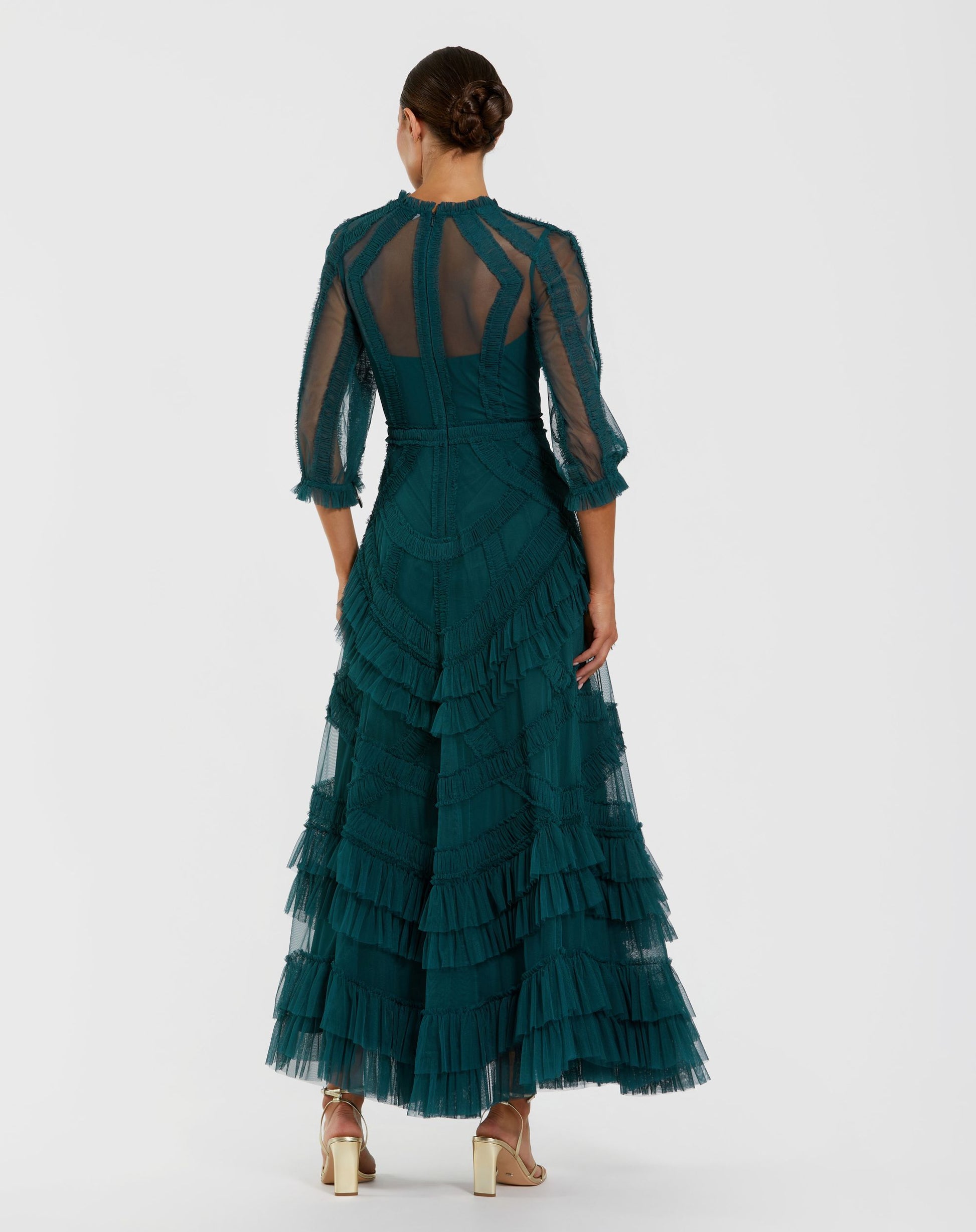  Teal High Neck Micro Ruffle Dress with 3/4 Puff Sleeves - Mac Duggal