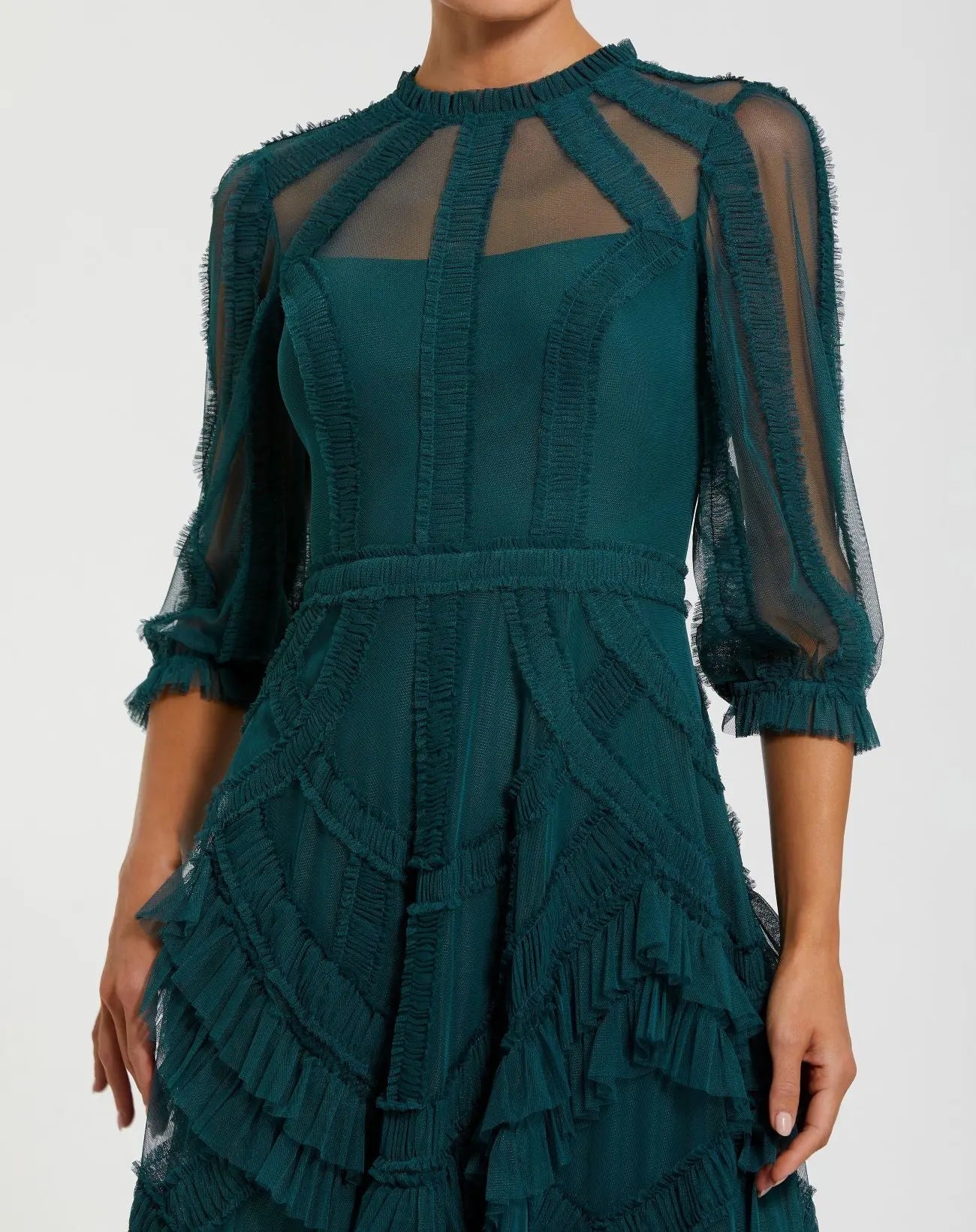 Teal High Neck Micro Ruffle Dress with 3/4 Puff Sleeves | Mac Duggal Teal High Neck Micro Ruffle Dress with 3/4 Puff Sleeves | Mac Duggal