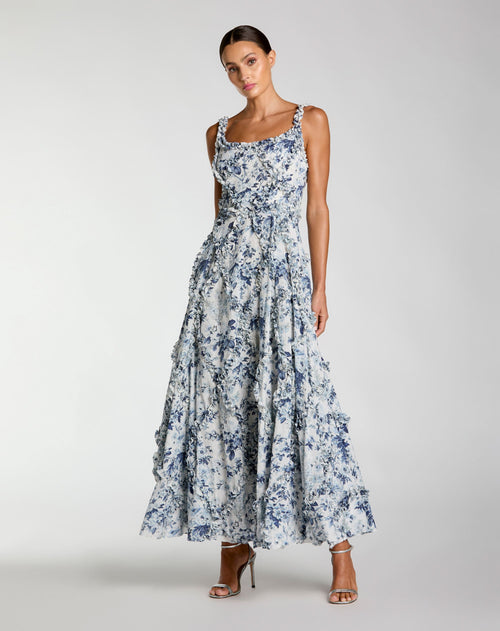 Blue and White Ruffle Scoop Neck Floral A-Line Dress - Mac Duggal