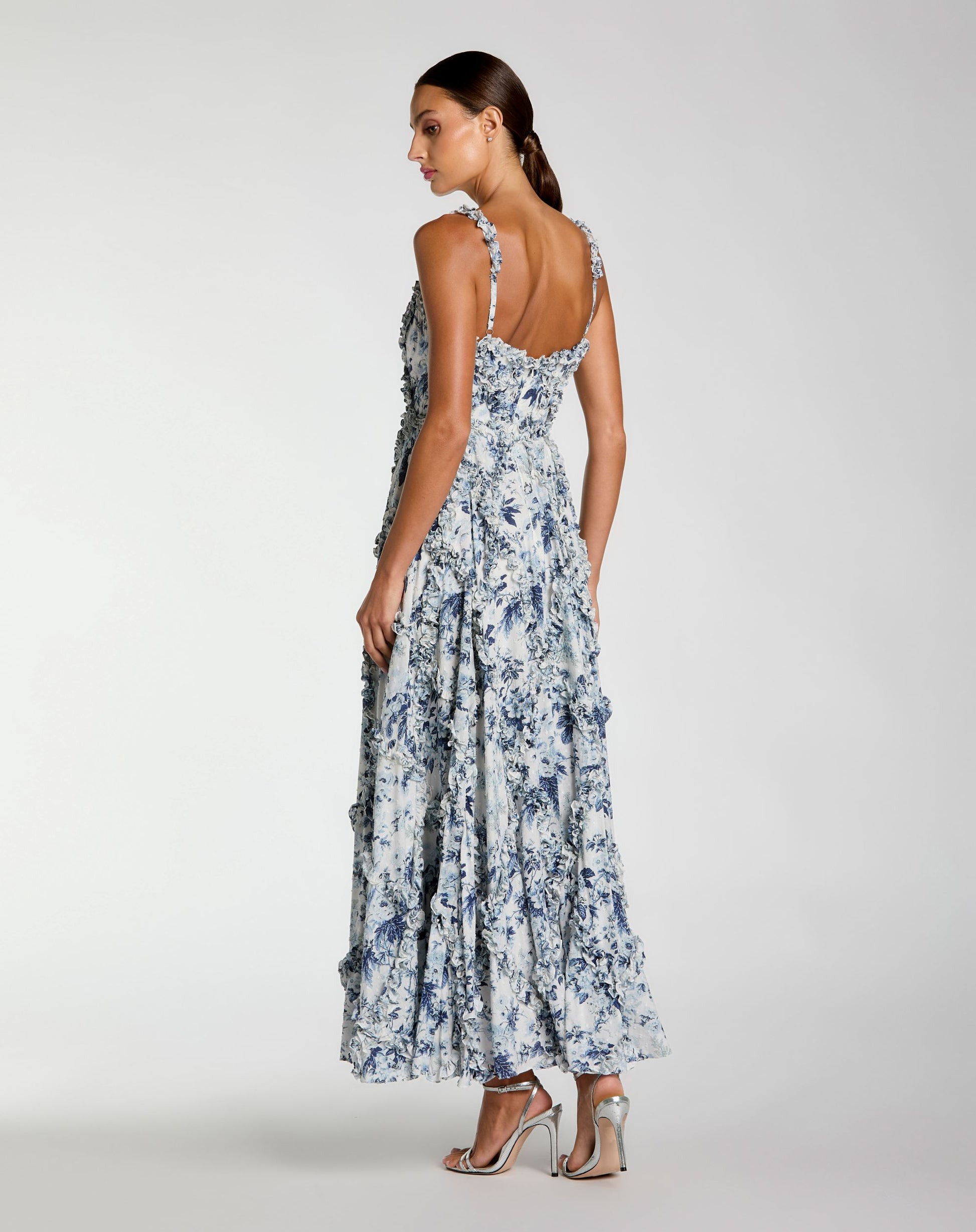 Blue and White Ruffle Scoop Neck Floral A-Line Dress - Mac Duggal