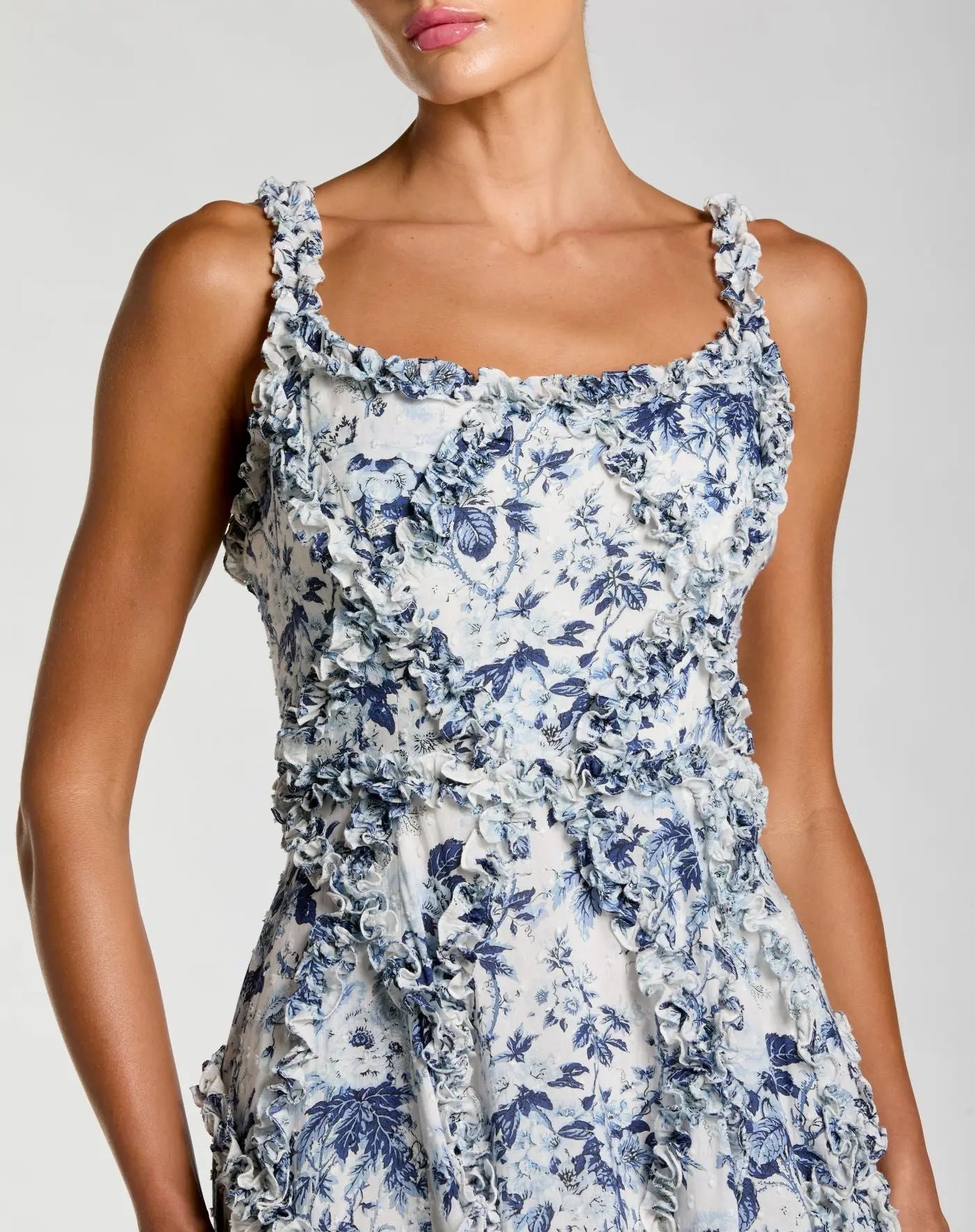 Blue and White Ruffle Scoop Neck Floral A-Line Dress | Mac Duggal Blue and White Ruffle Scoop Neck Floral A-Line Dress | Mac Duggal