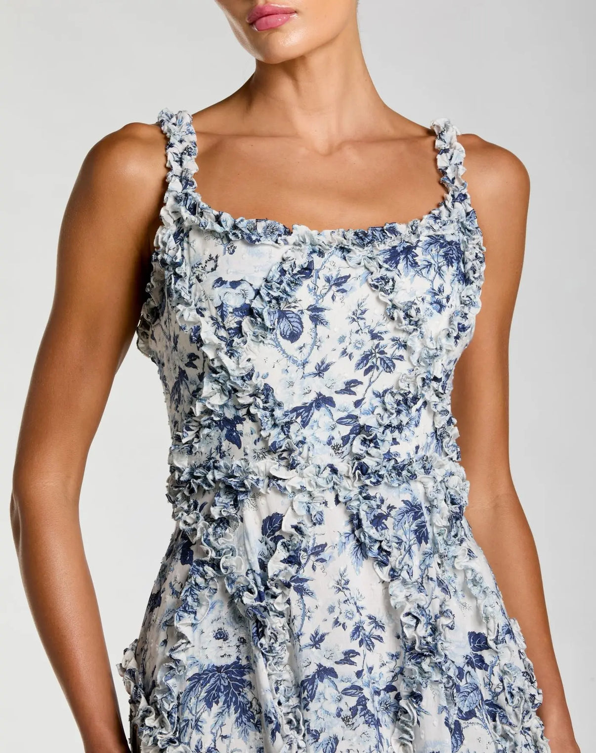 Blue and White Ruffle Scoop Neck Floral A-Line Dress
