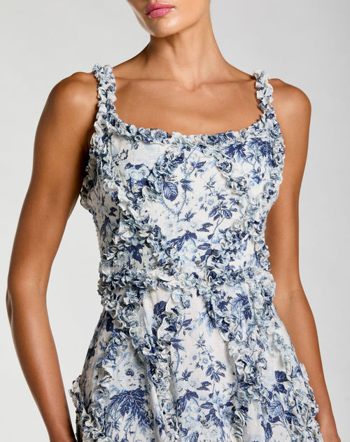 Blue and White Ruffle Scoop Neck Floral A-Line Dress - Mac Duggal