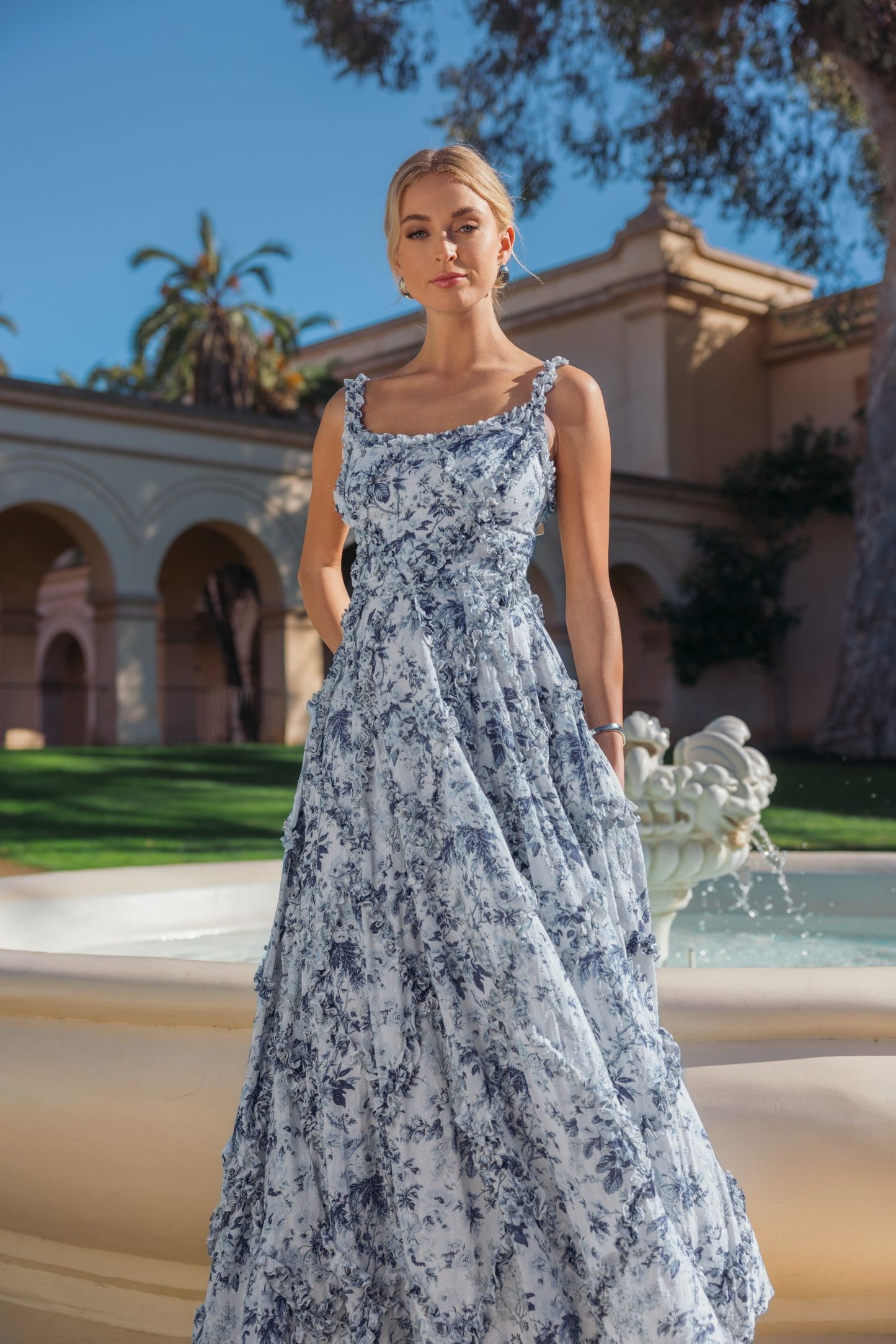 Blue and White Ruffle Scoop Neck Floral A-Line Dress - Mac Duggal