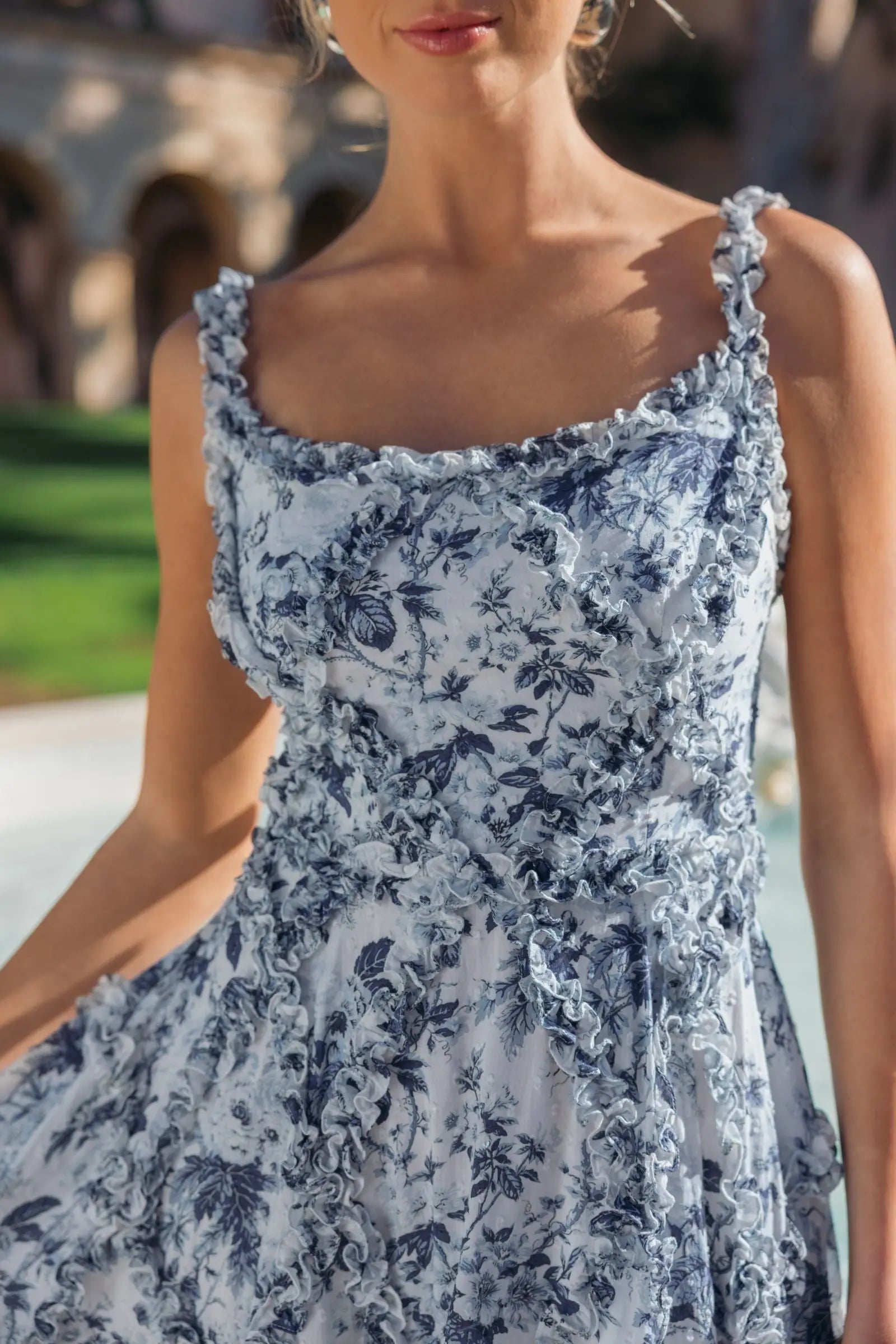 Blue and White Ruffle Scoop Neck Floral A-Line Dress - Mac Duggal