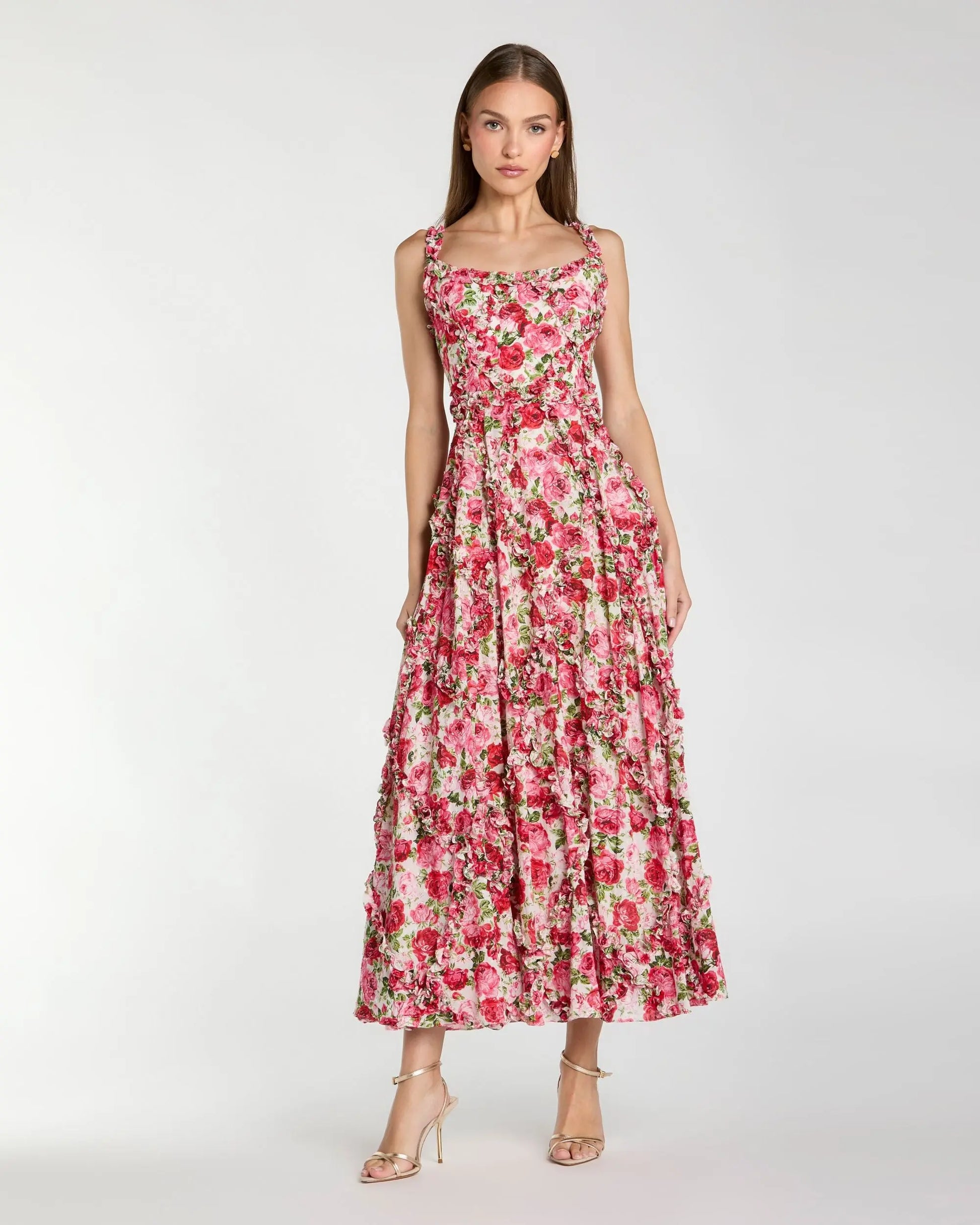 Ruffle Scoop Neck Floral A-Line Dress | Mac Duggal Ruffle Scoop Neck Floral A-Line Dress | Mac Duggal