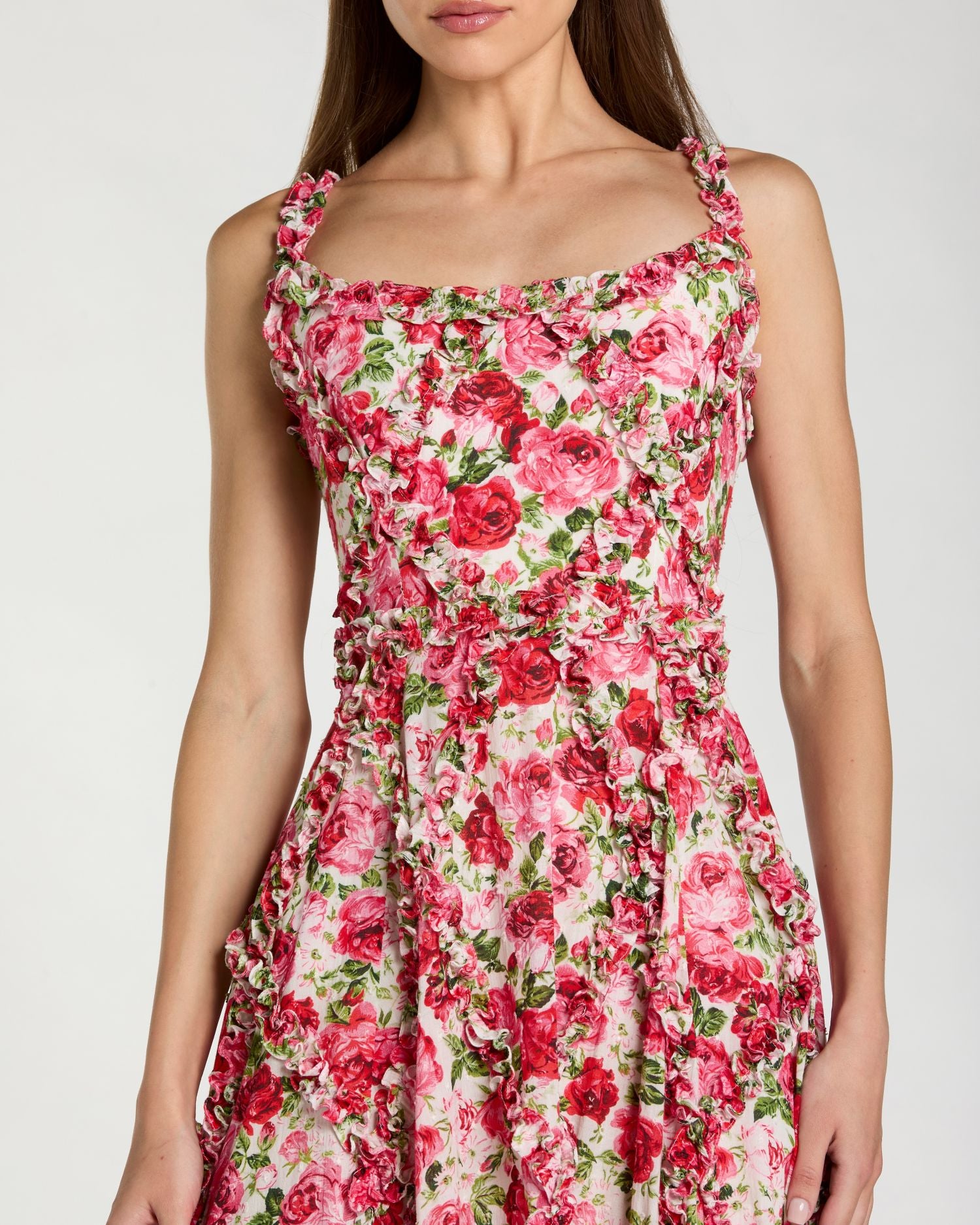 Pink Ruffle Scoop Neck Floral A-Line Dress Mac Duggal