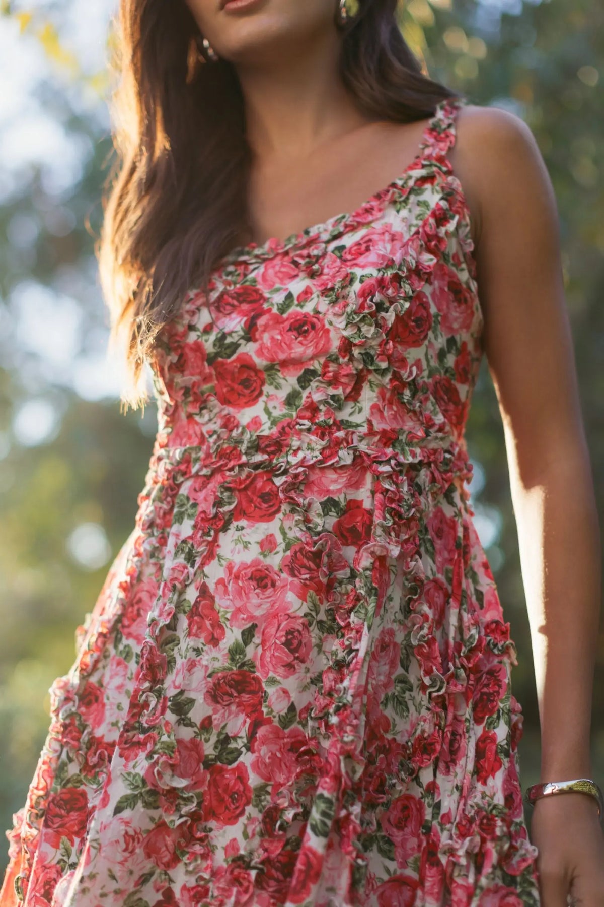 Pink Ruffle Scoop Neck Floral A-Line Dress | Mac Duggal