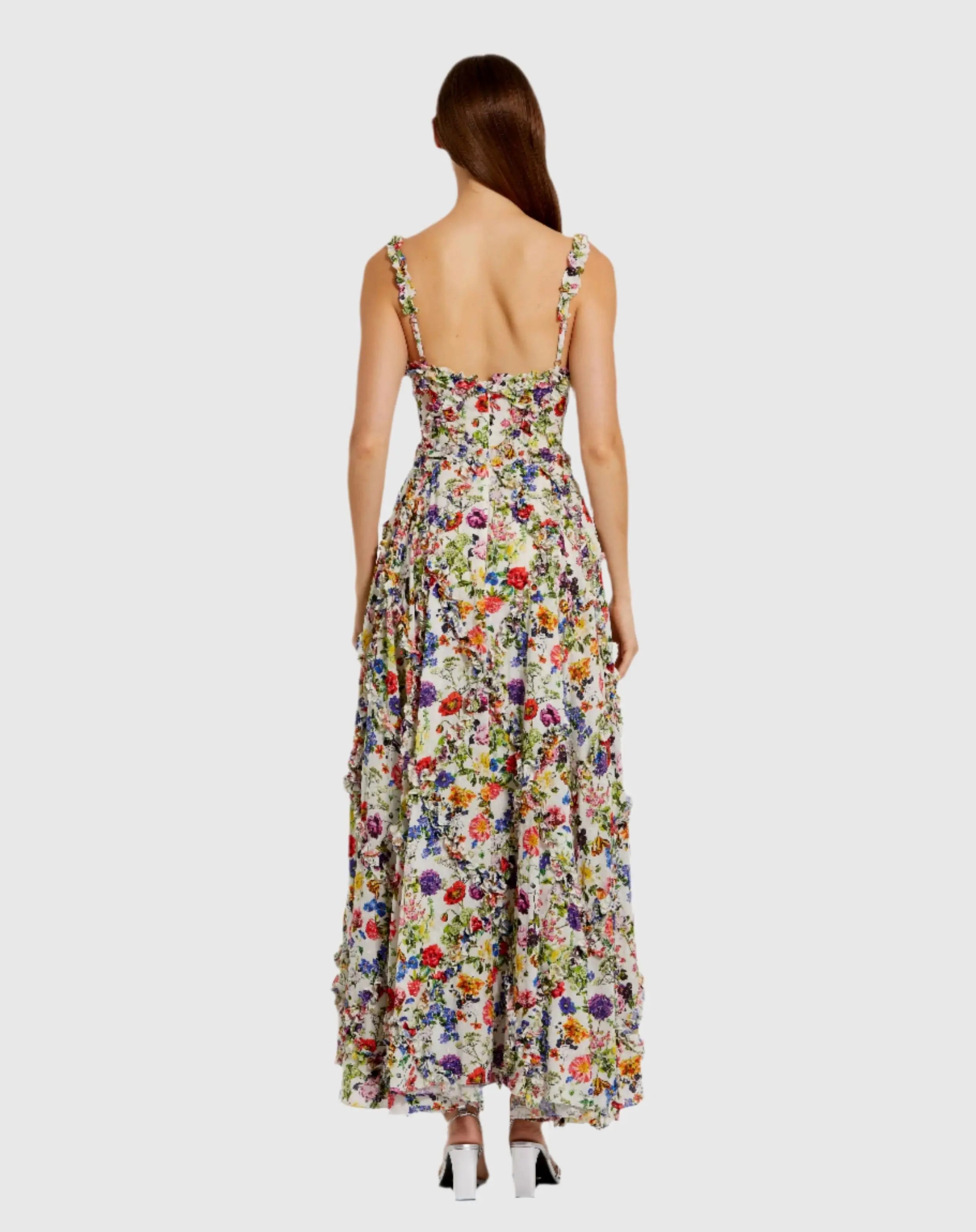 Multicolor Ruffle Scoop Neck Floral A-Line Dress - Mac Duggal