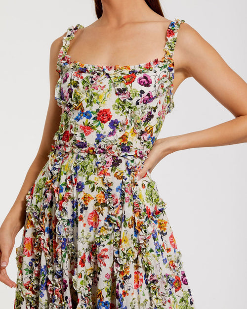 Multicolor Ruffle Floral Scoop Neck Dress - Mac Duggal