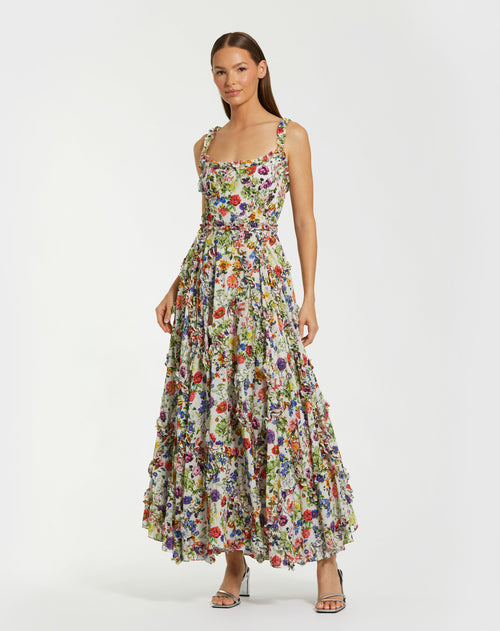 Multicolor Ruffle Floral Scoop Neck Gown