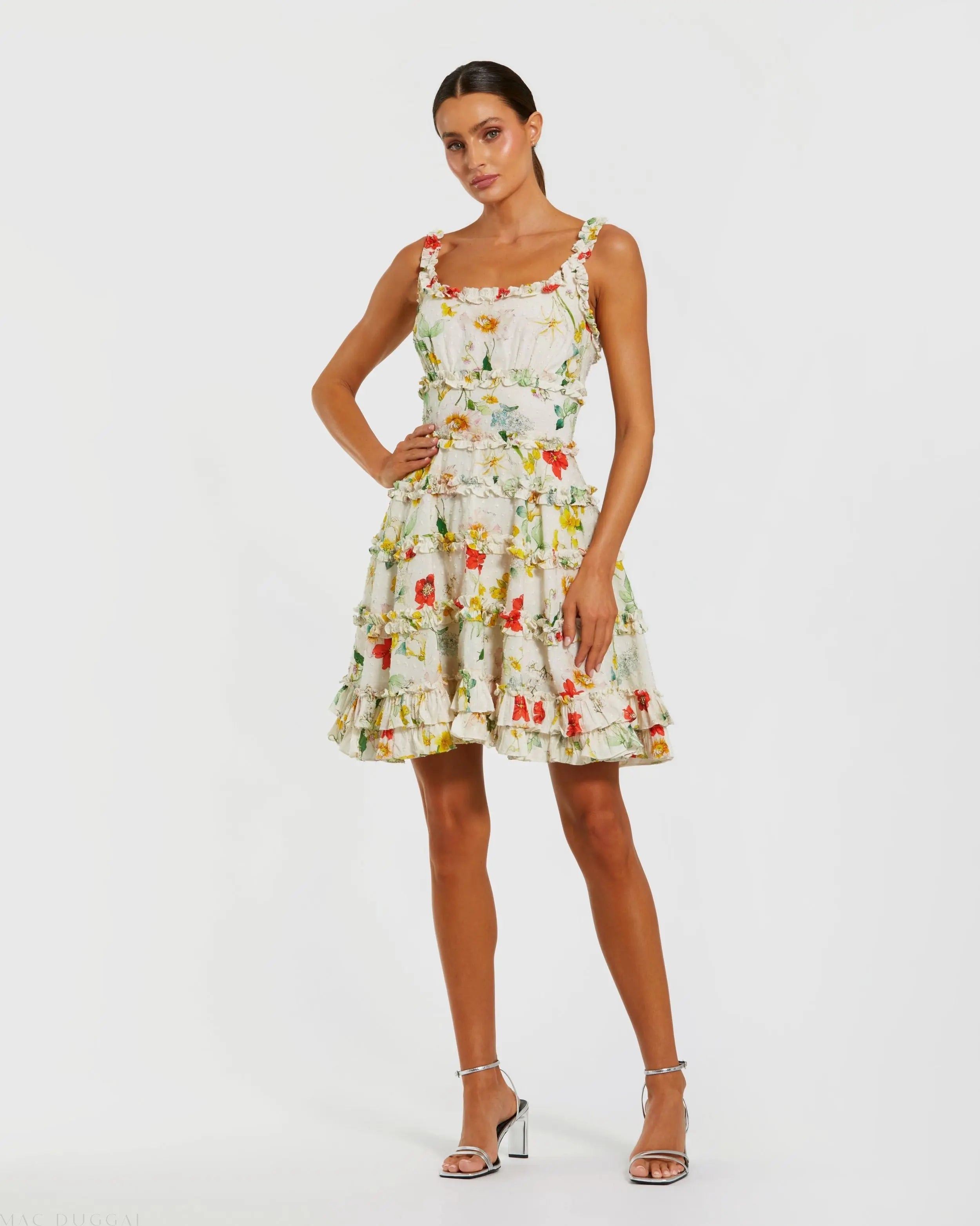 Ivory Floral Square Neck Ruffle Mini Dress Mac Duggal