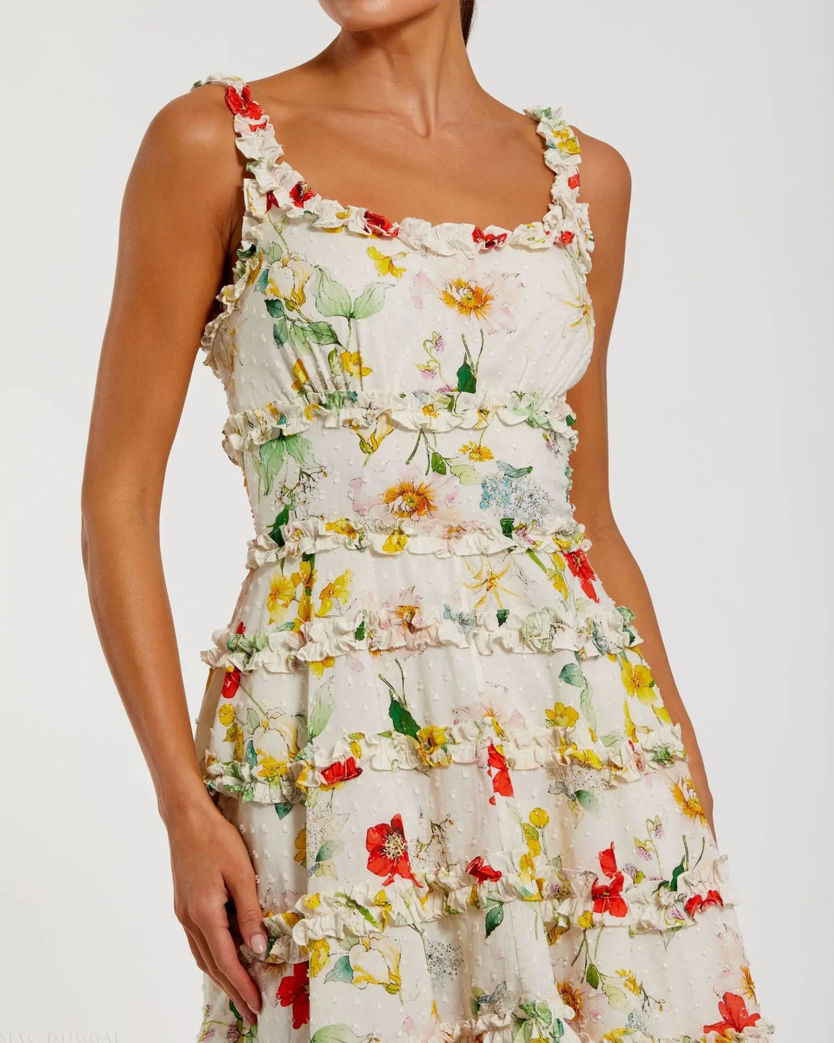 Ivory Floral Square Neck Ruffle Mini Dress | Mac Duggal