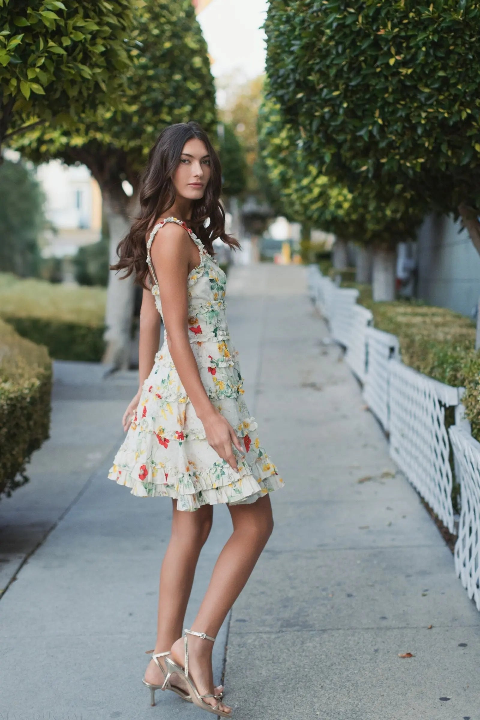 Ivory Floral Square Neck Ruffle Mini Dress | Mac Duggal Ivory Floral Square Neck Ruffle Mini Dress | Mac Duggal