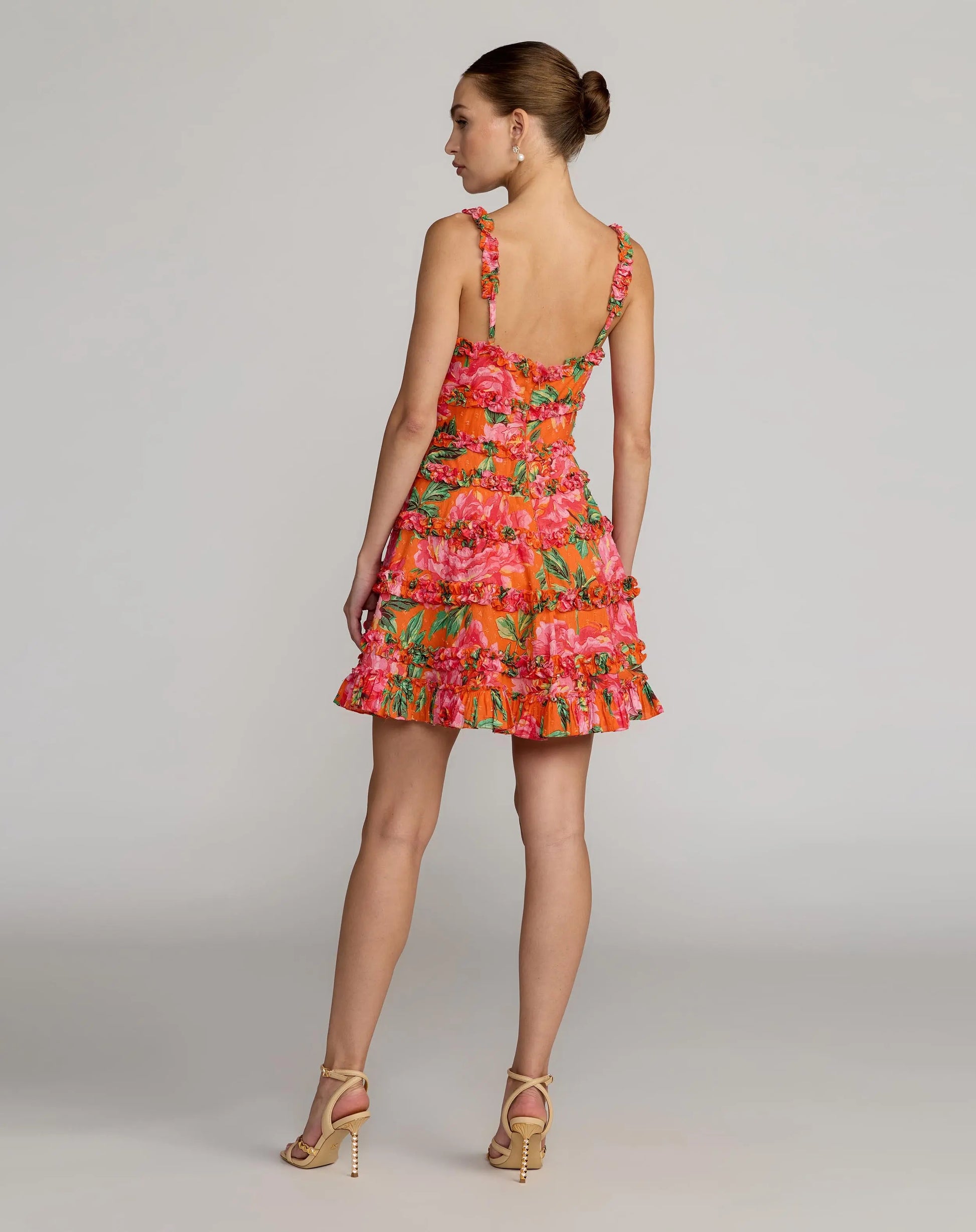 Orange Floral Square Neck Ruffled Cotton Mini Dress Mac Duggal