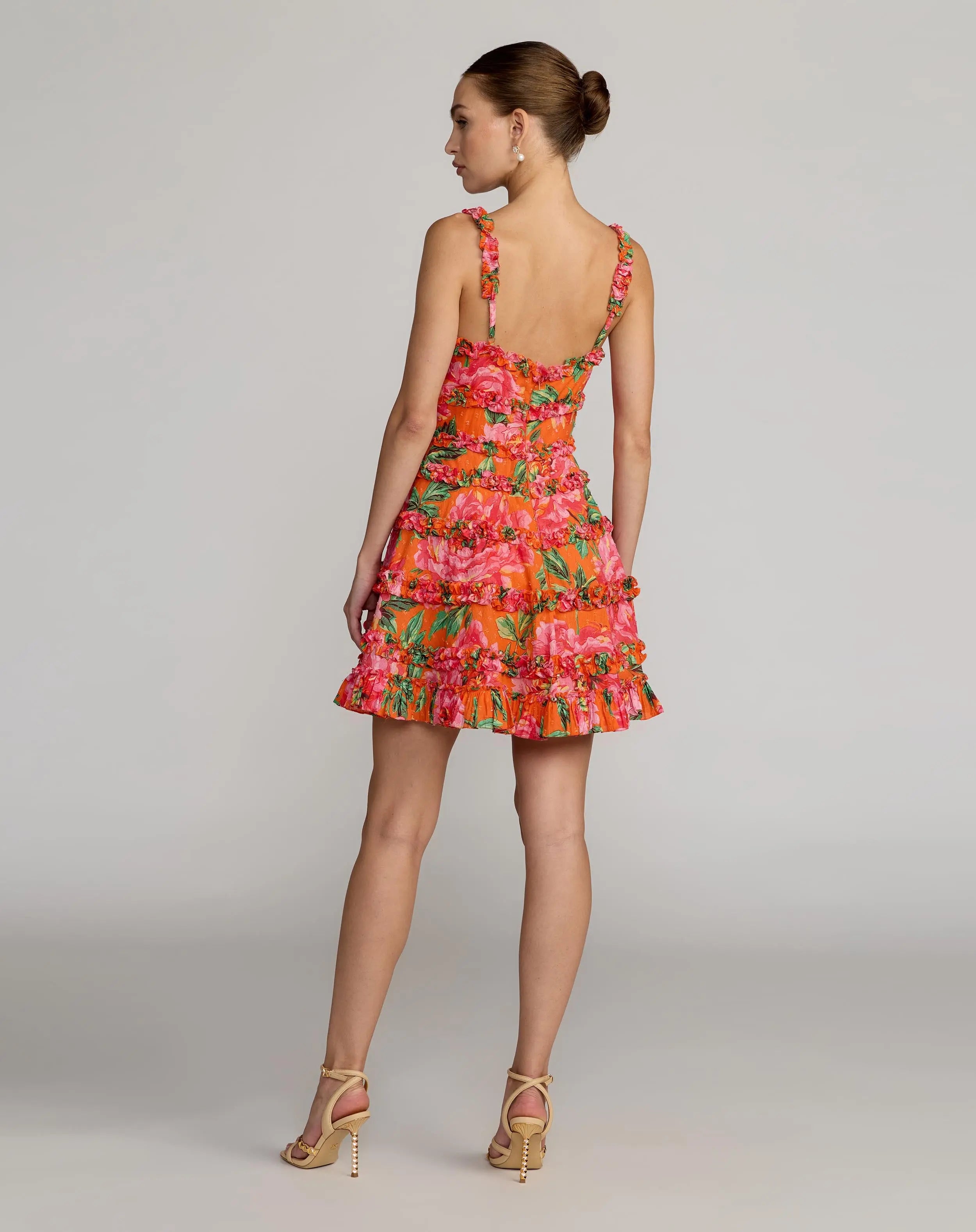 Orange Floral Square Neck Ruffled Cotton Mini Dress Mac Duggal