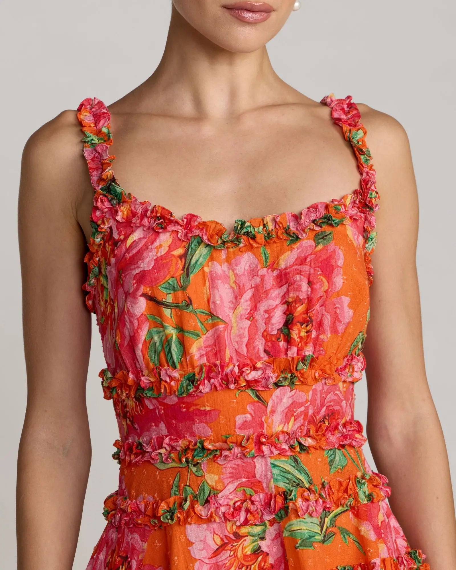 Orange Floral Square Neck Ruffled Cotton Mini Dress Mac Duggal