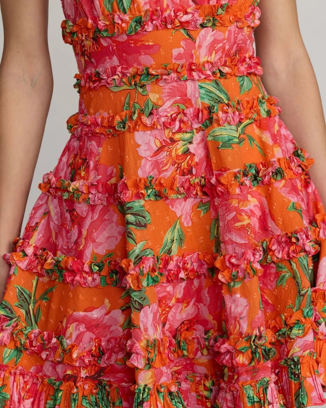 Orange Floral Square Neck Ruffled Cotton Mini Dress Mac Duggal