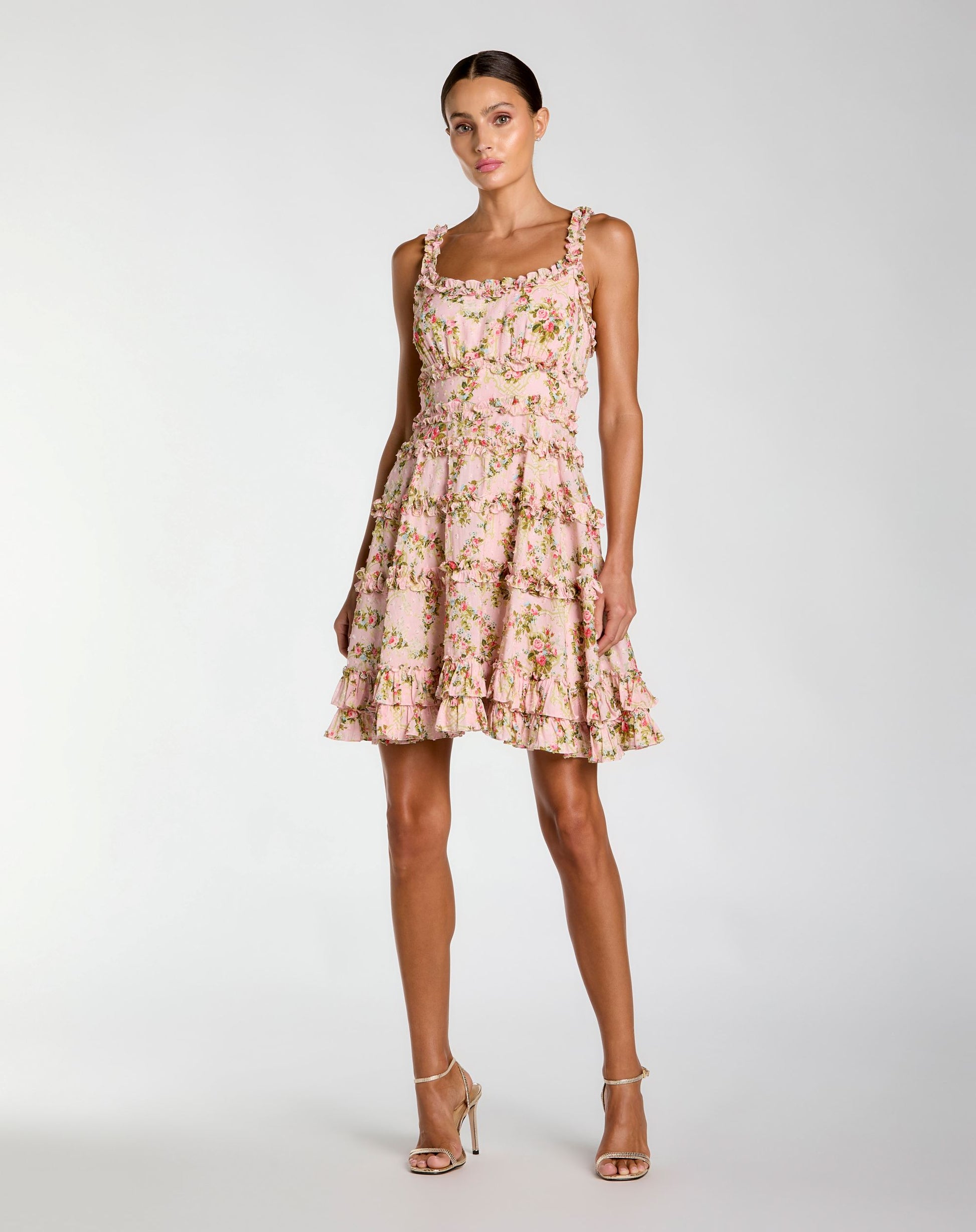 Pink Floral Square Neck Ruffled Cotton Mini Dress - Mac Duggal