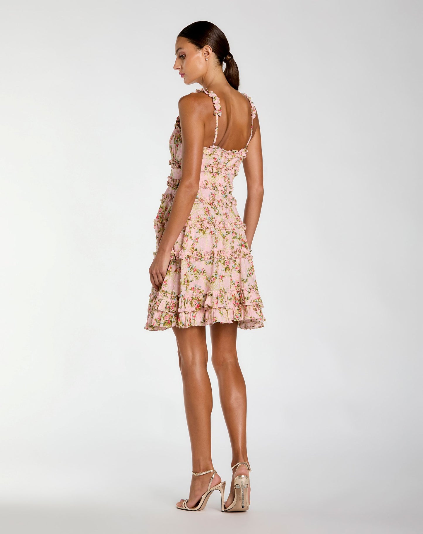 Pink Floral Square Neck Ruffled Cotton Mini Dress - Mac Duggal
