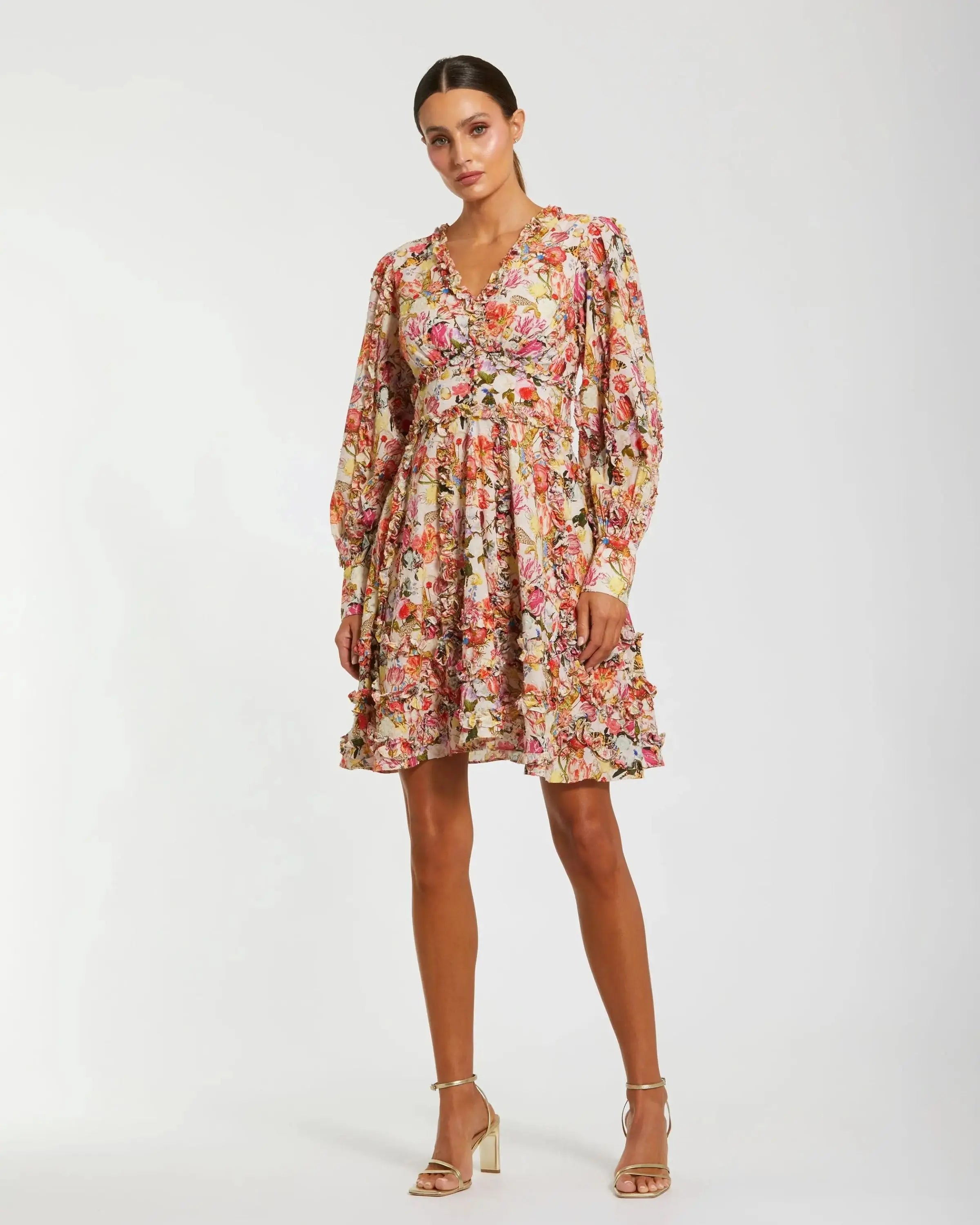 Multicolor Ruffle Floral V Neck Cotton Mini Dress Mac Duggal