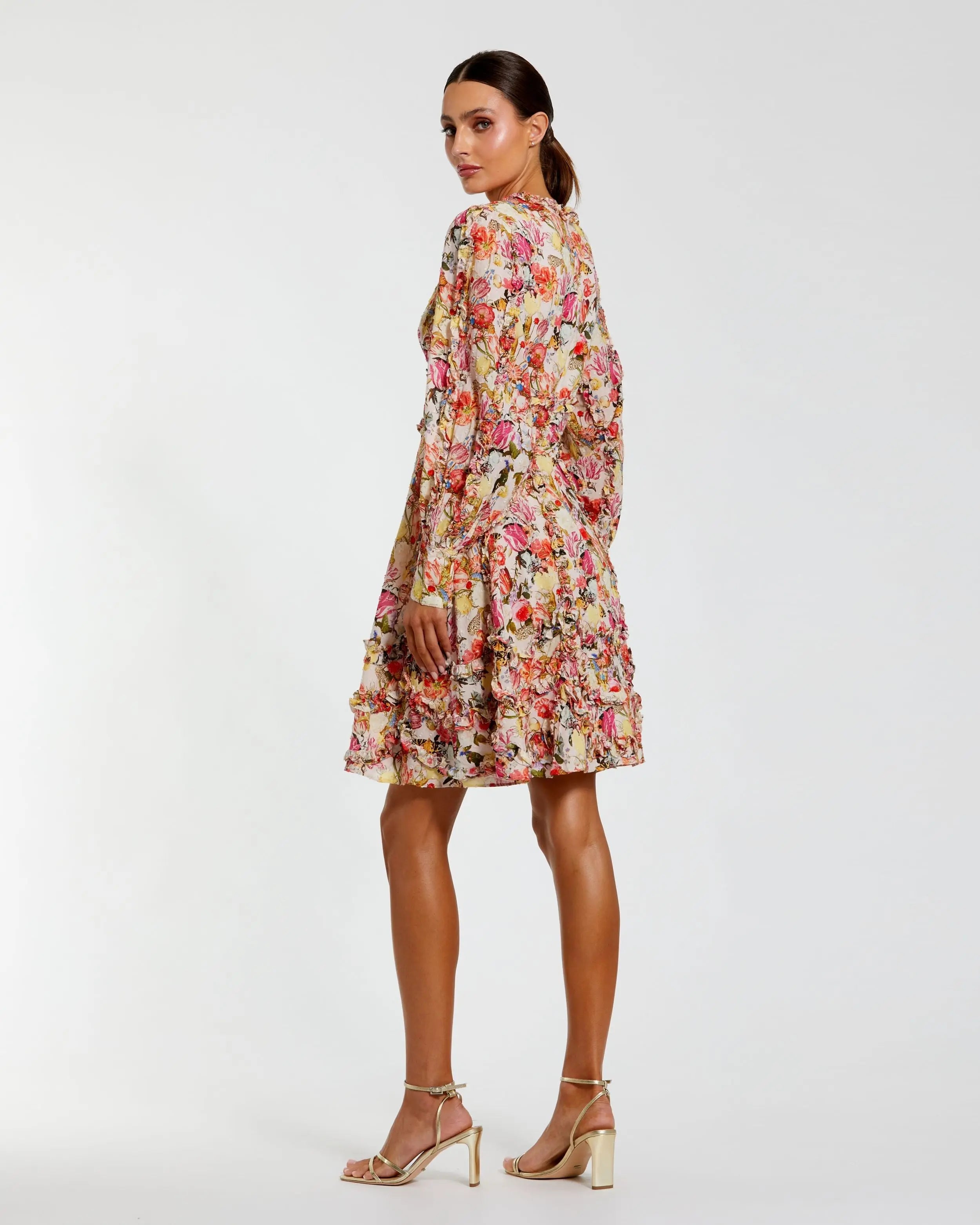 Multicolor Ruffle Floral V Neck Cotton Mini Dress Mac Duggal